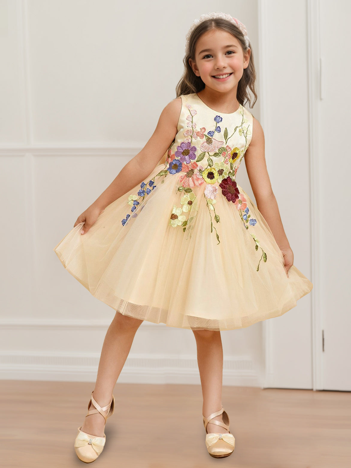 A-Line/Princess Scoop Neck Sleeveless Knee-Length Flower Girl Dress with 3D Flowers & Bowknot As Pic