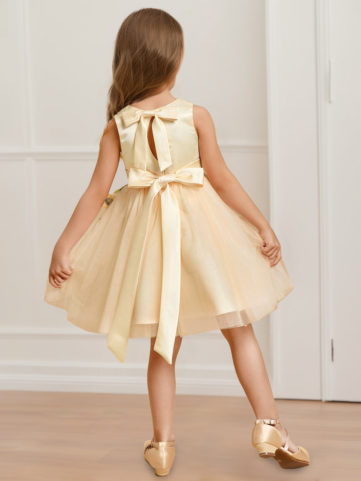A-Line/Princess Scoop Neck Sleeveless Knee-Length Flower Girl Dress with 3D Flowers & Bowknot Pearl Pink