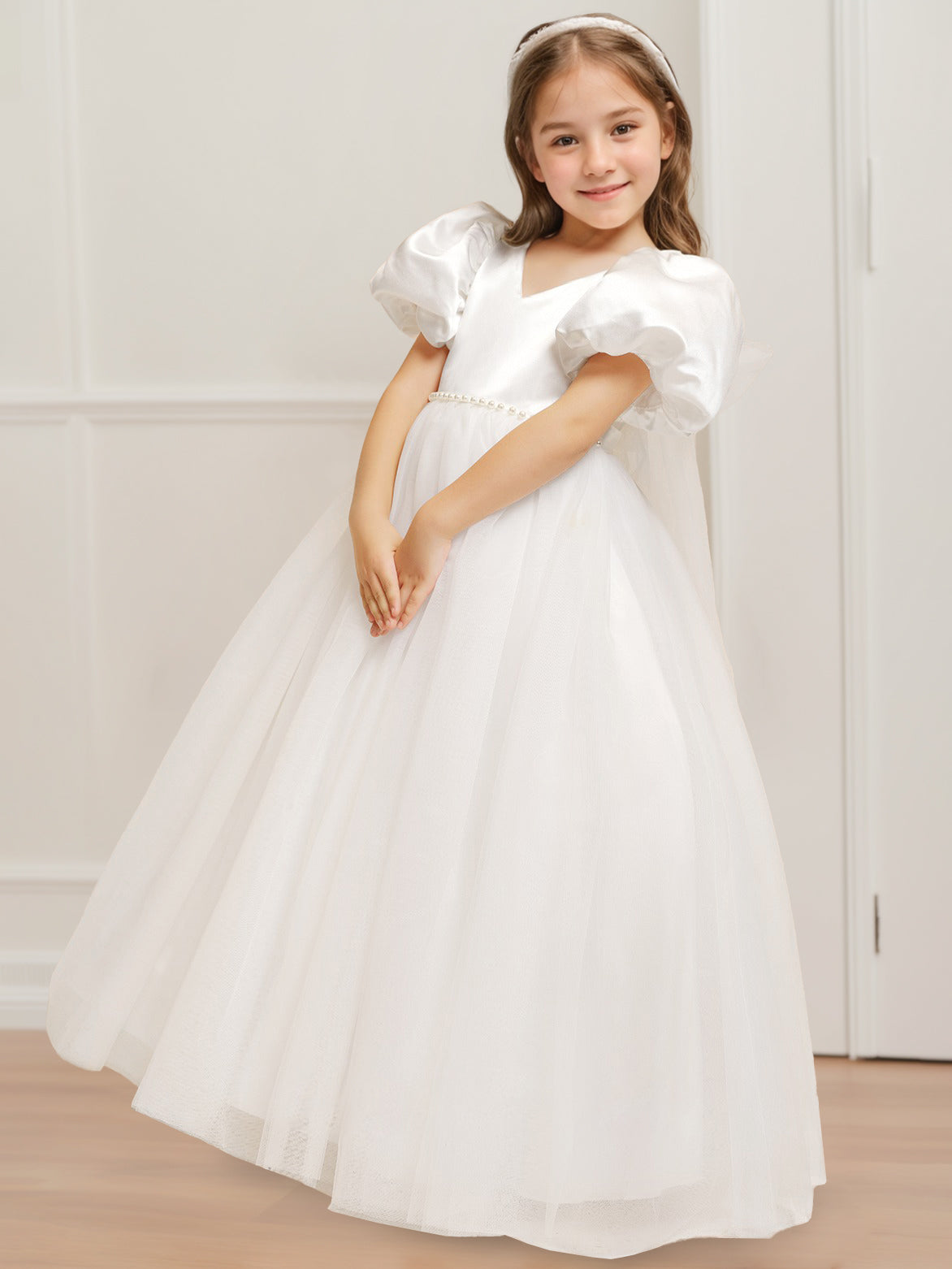 Ball Gown V-Neck Short Sleeves Floor-Length Flower Girl Dress with Beads & Bowknot Sky Blue
