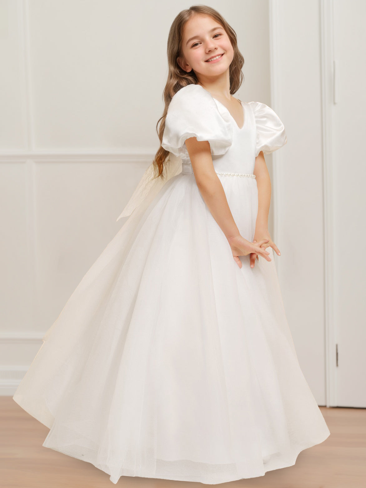 Ball Gown V-Neck Short Sleeves Floor-Length Flower Girl Dress with Beads & Bowknot Burgundy