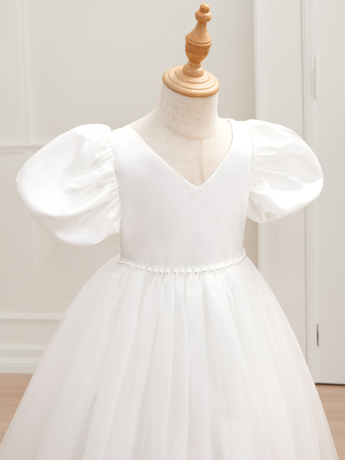 Ball Gown V-Neck Short Sleeves Floor-Length Flower Girl Dress with Beads & Bowknot Dark Navy