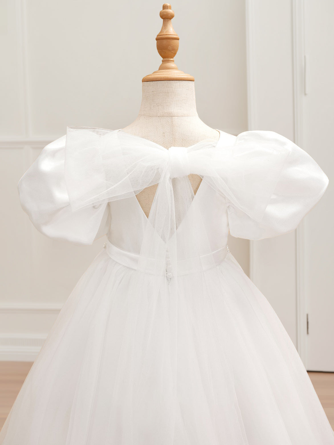 Ball Gown V-Neck Short Sleeves Floor-Length Flower Girl Dress with Beads & Bowknot Black