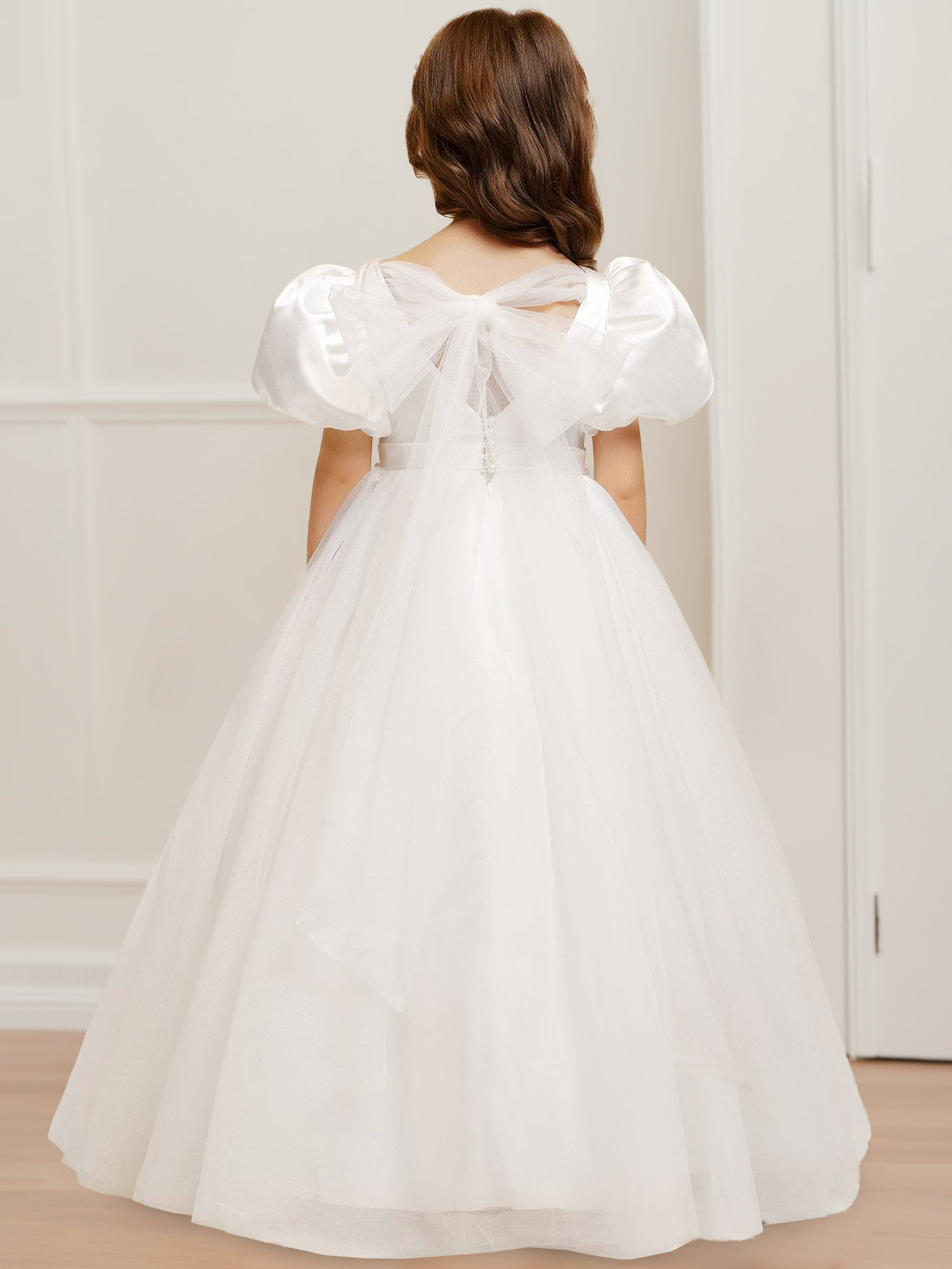 Ball Gown V-Neck Short Sleeves Floor-Length Flower Girl Dress with Beads & Bowknot Pearl Pink