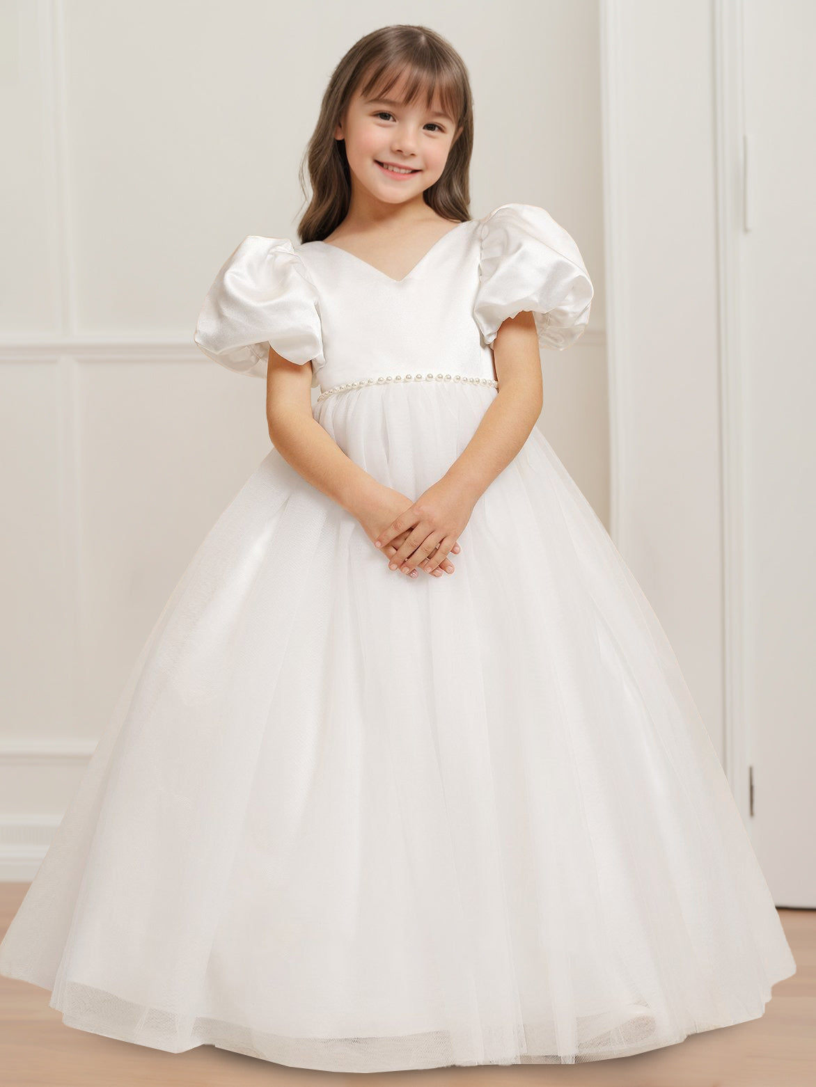 Ball Gown V-Neck Short Sleeves Floor-Length Flower Girl Dress with Beads & Bowknot Ivory