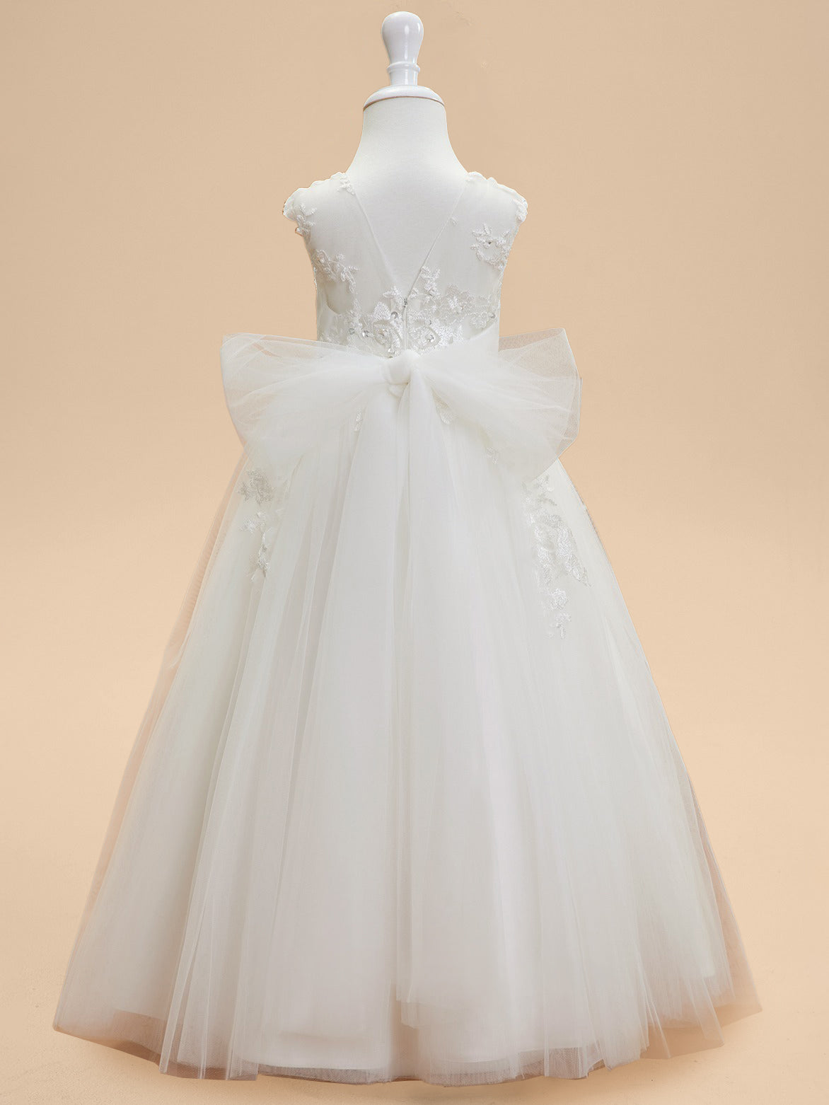 Ball Gown Scoop Neck Sleeveless Knee-Length Flower Girl Dress with Lace Appliques & Bowknot Dark Navy
