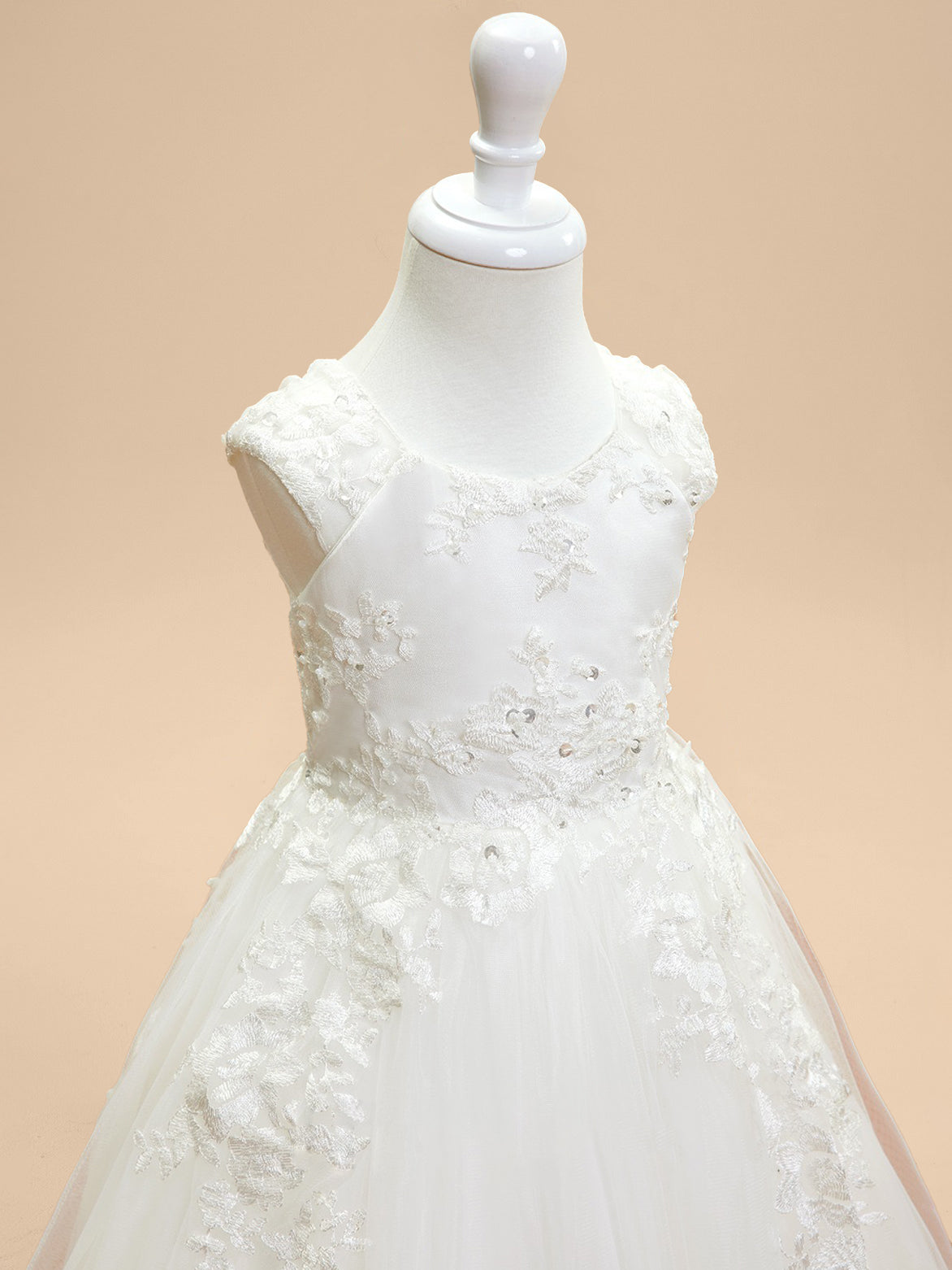 Ball Gown Scoop Neck Sleeveless Knee-Length Flower Girl Dress with Lace Appliques & Bowknot Ivory