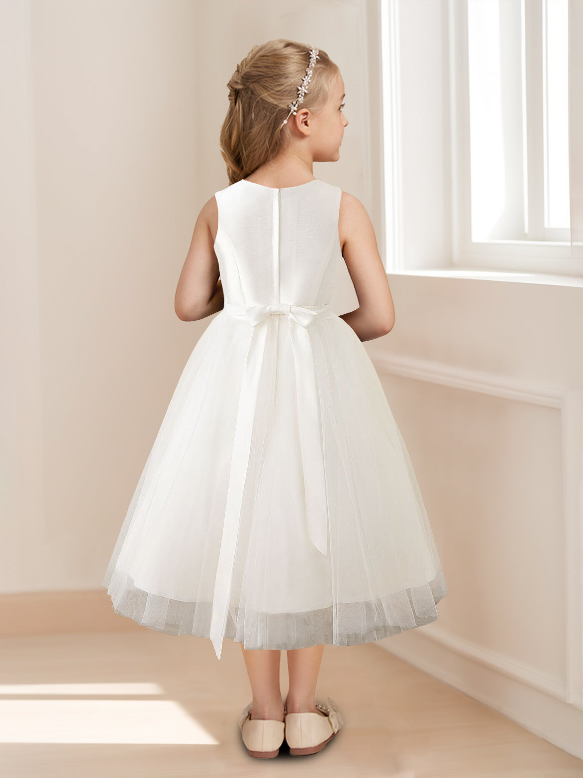 A-Line/Princess Scoop Neck Sleeveless Tea-Length Flower Girl Dress with Bowknot Pearl Pink
