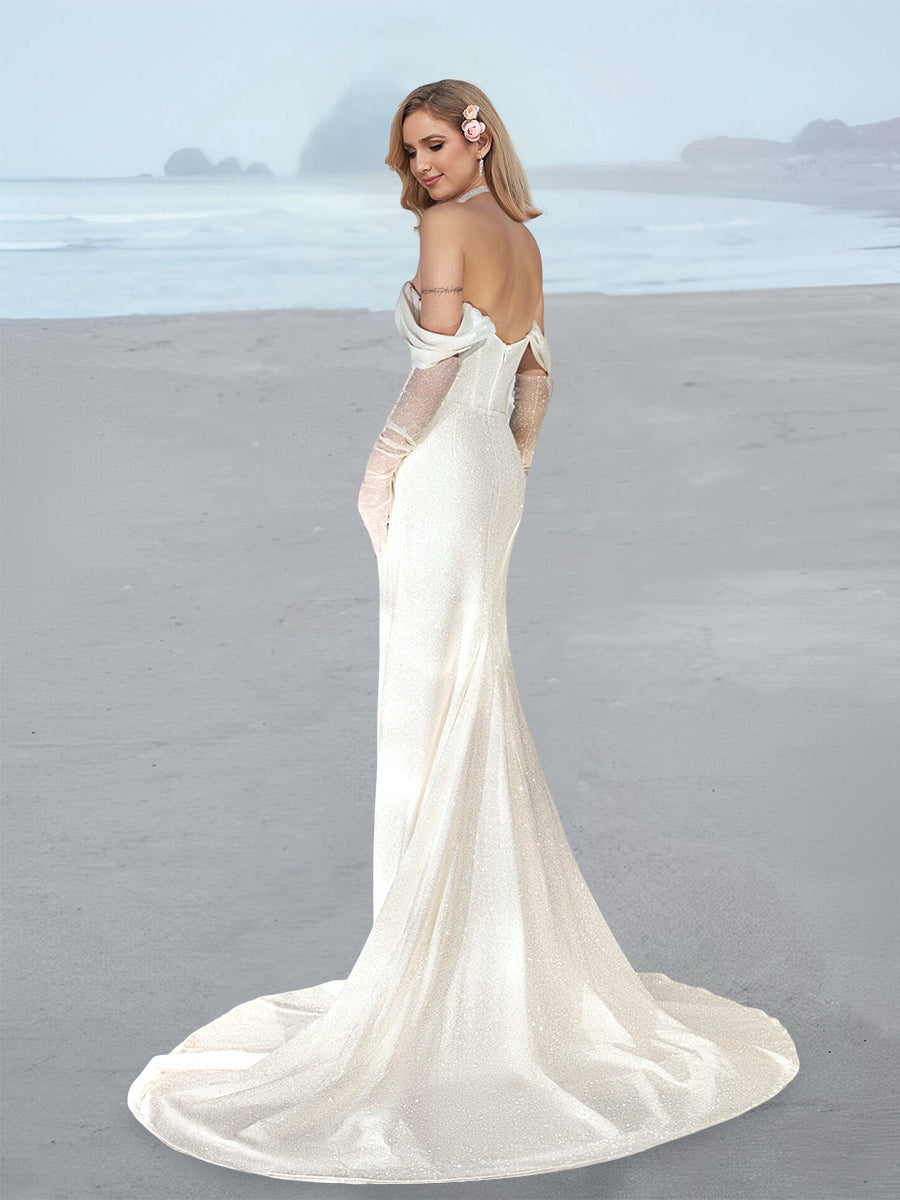 Sheath/Column Off-the-Shoulder Floor-Length Wedding Dress with Sequins & Split Side White