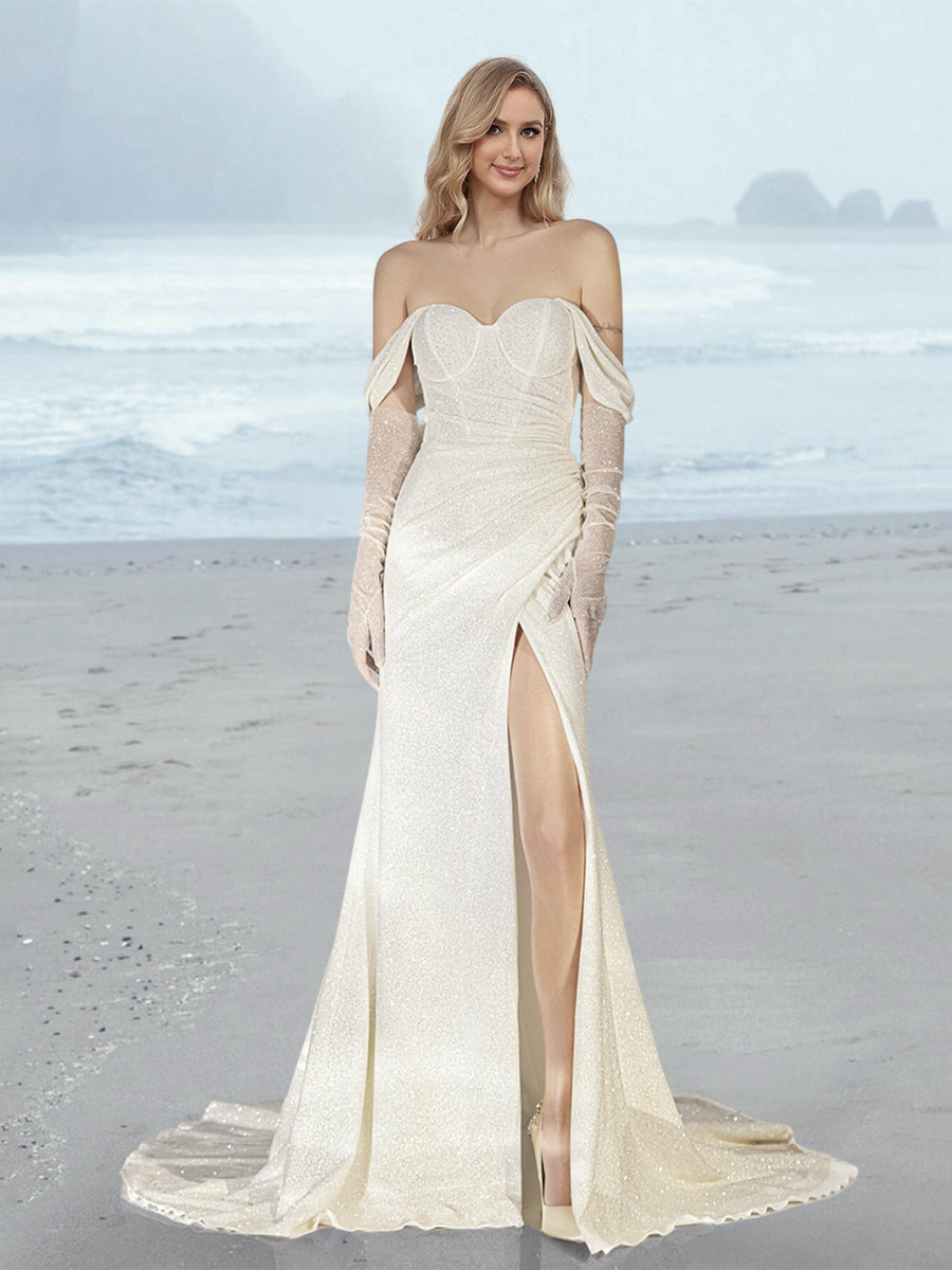 Sheath/Column Off-the-Shoulder Floor-Length Wedding Dress with Sequins & Split Side Champagne