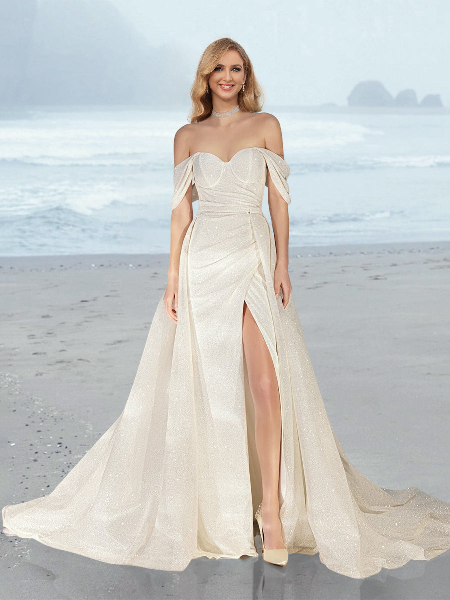 Sheath/Column Off-the-Shoulder Floor-Length Wedding Dress with Sequins & Split Side Ivory