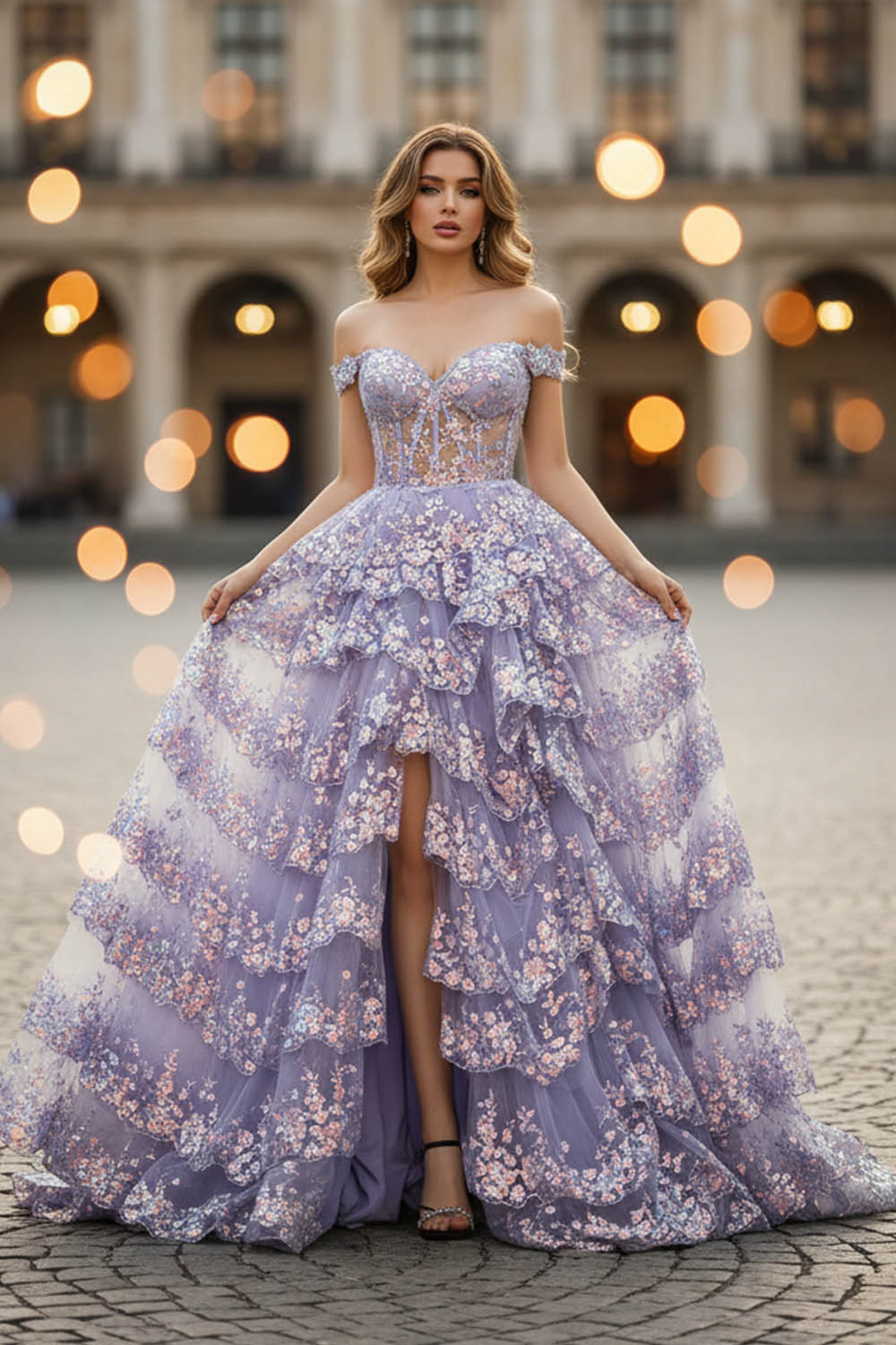 Sheer Corset Bodice Ruffle Slit Prom Dress-LLELLA