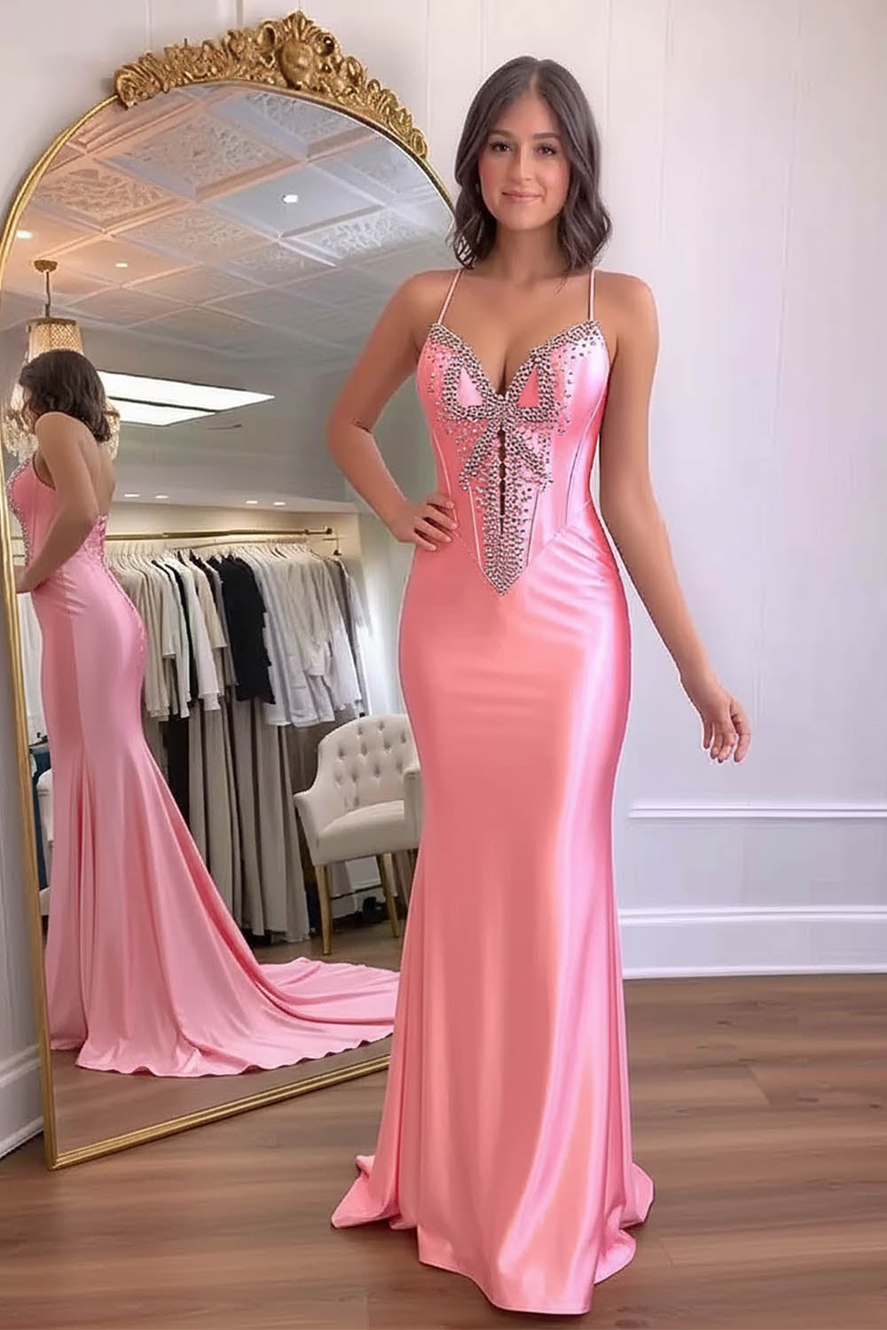 Pink Satin Fitted Prom Dress with Bow Beads-LLELLA