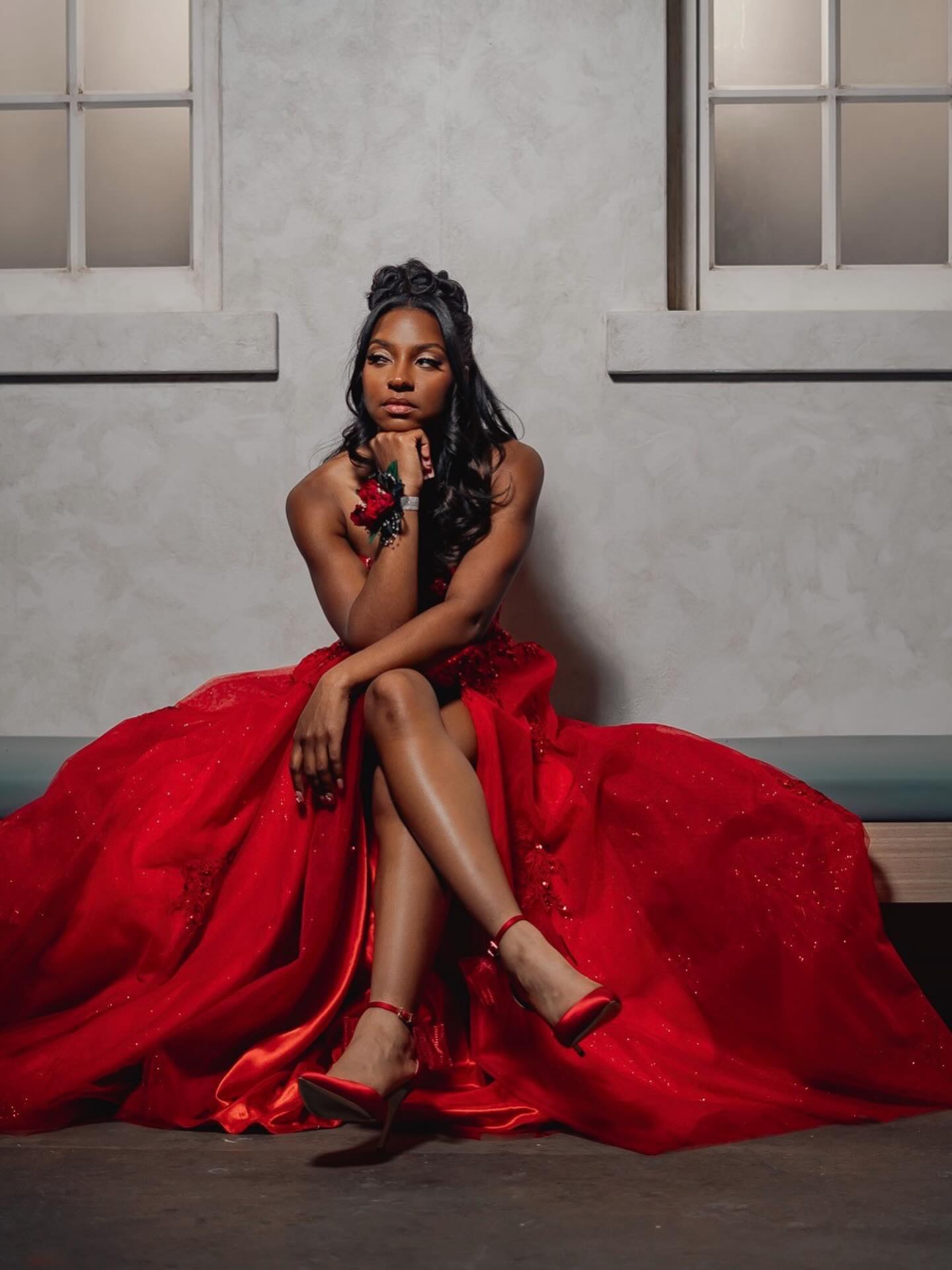 Red Sequin Beaded Strapless A-Line Prom Dress with 3D Floral Appliqué & High Slit