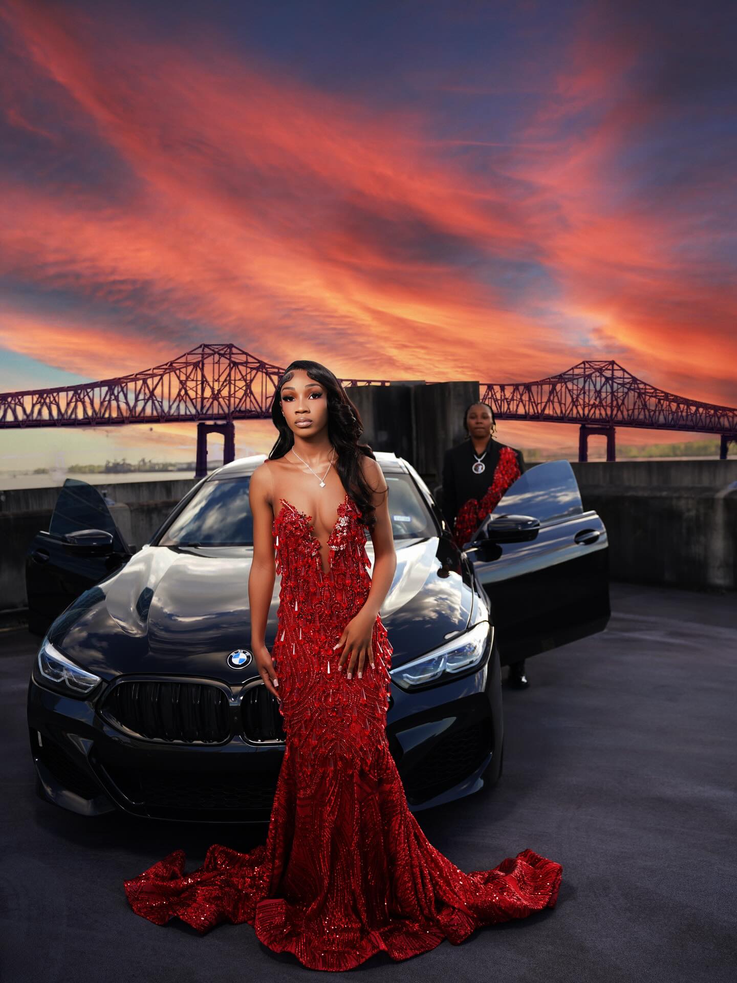 Crimson Red Crystal Bugle Bead Fringe Tassel Deep V-Neck Sheer Mermaid Prom Dress with Matching Cape Shawl