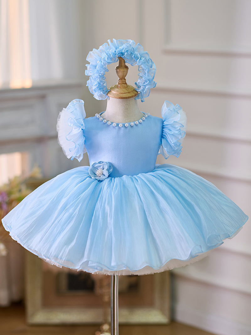 Organza Knee-length 1st Birthday Toddler Party Dress Sky Blue
