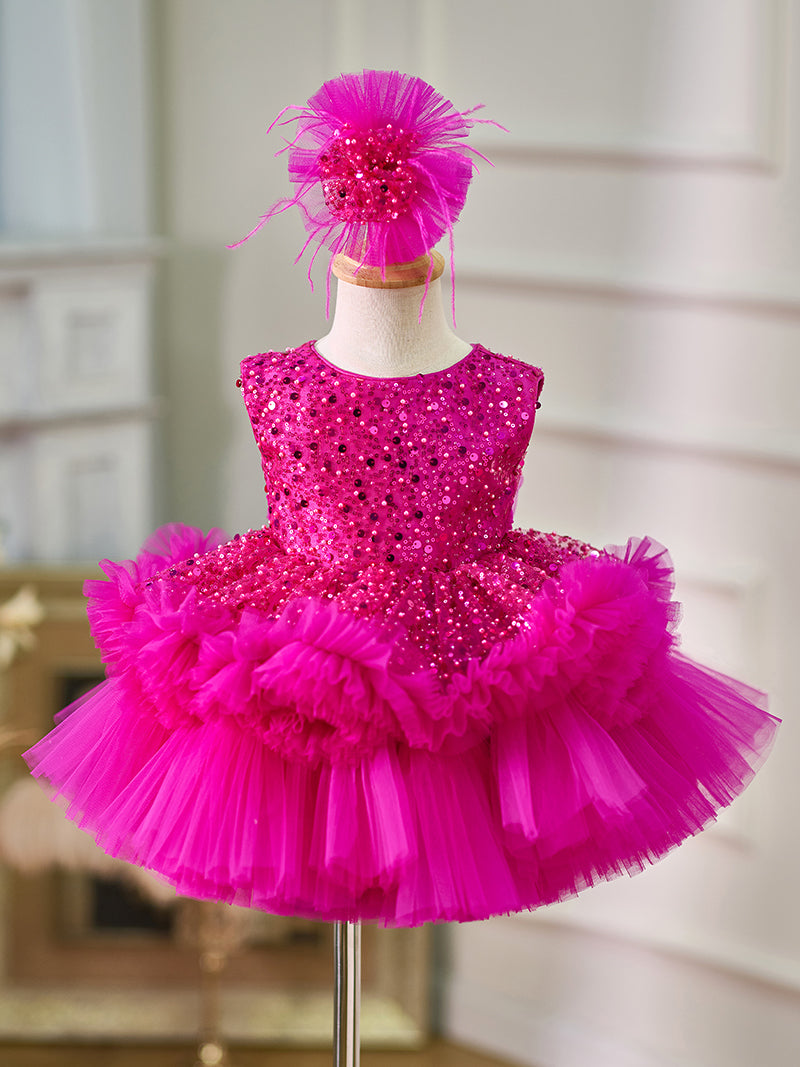 Sequins Tulle Knee-length Baby Girl Dress Candy Pink