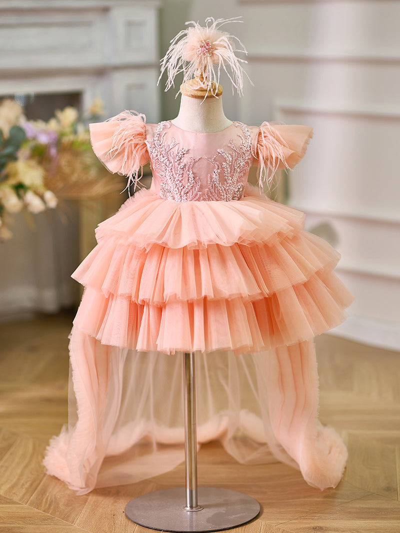 Ball-Gown/Princess Tulle Asymmetrical 1st Birthday Party Baby Girl Dress Pink