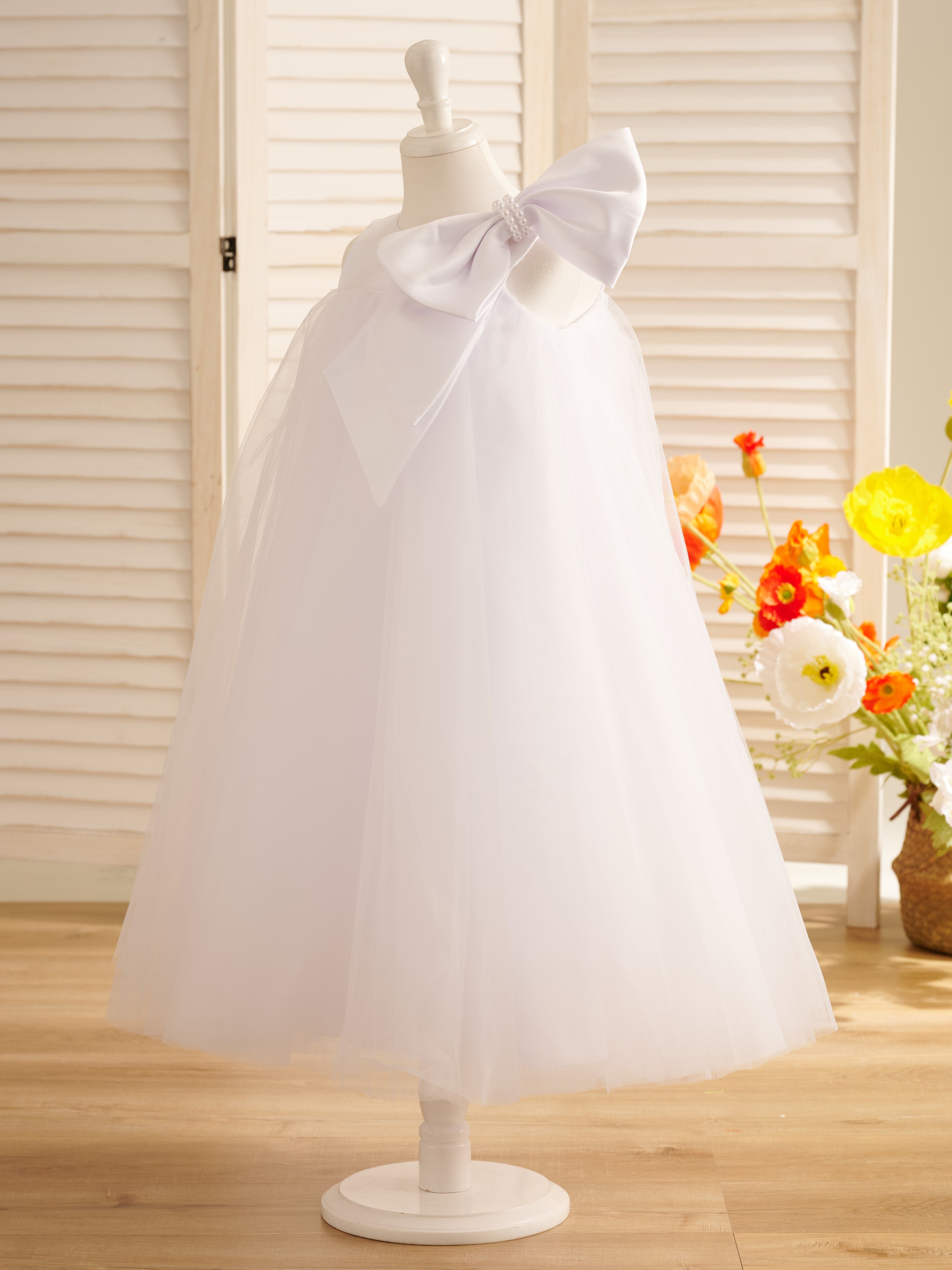 A-line Big Bow Tulle Tea-length Toddler Flower Girl Dress Ivory