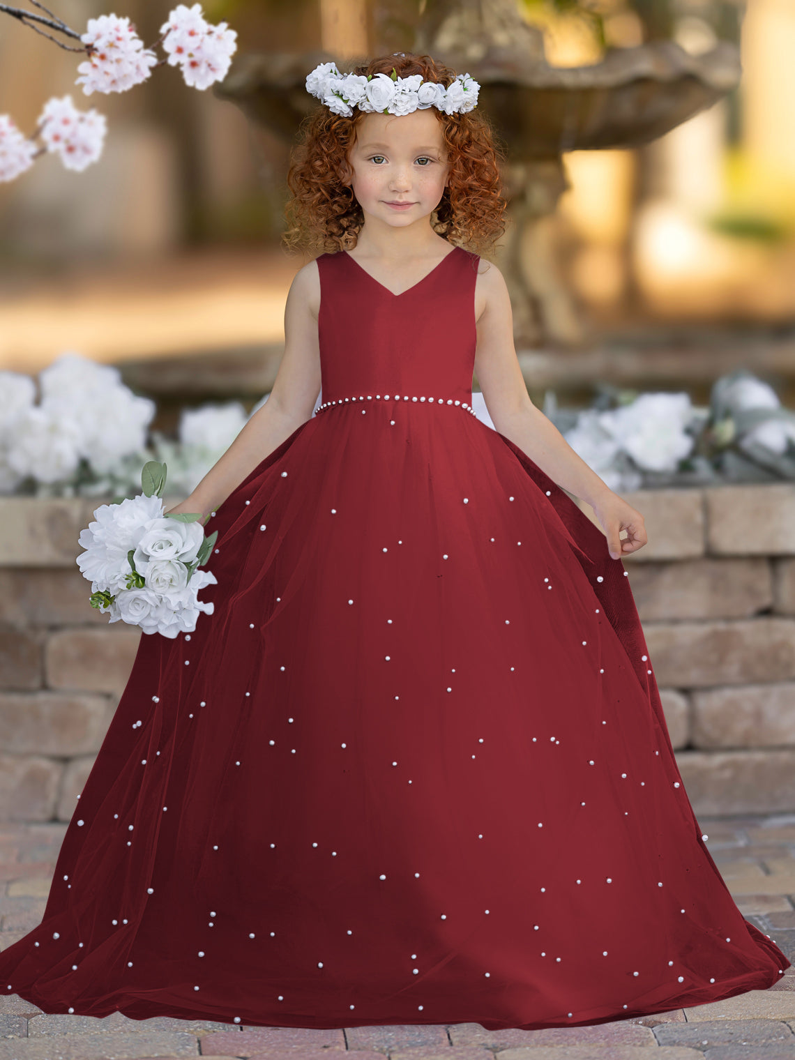 Elegant Princess Ball Gown Satin & Tulle Flower Girl Dress Burgundy