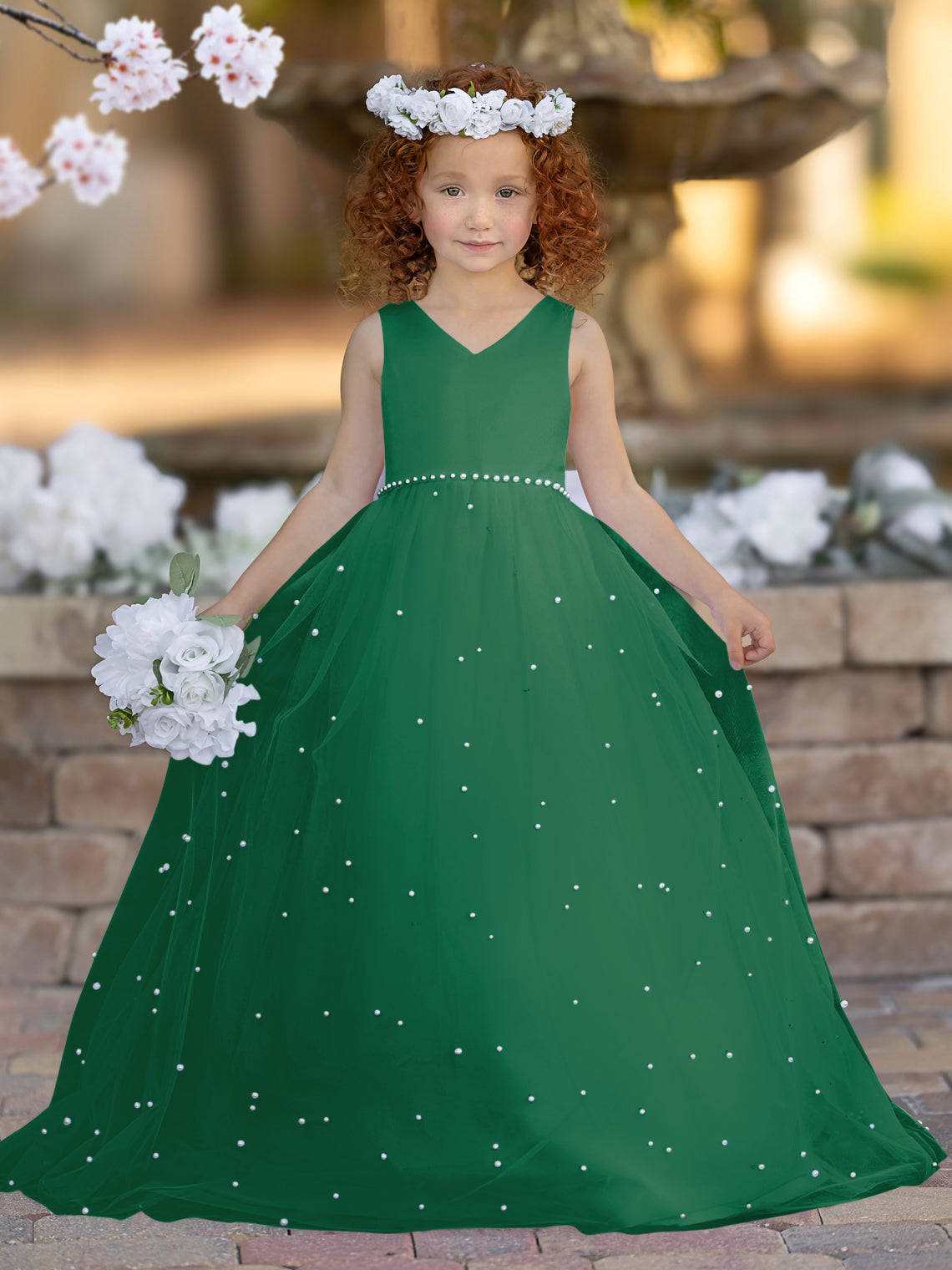 Elegant Princess Ball Gown Satin & Tulle Flower Girl Dress Dark Green