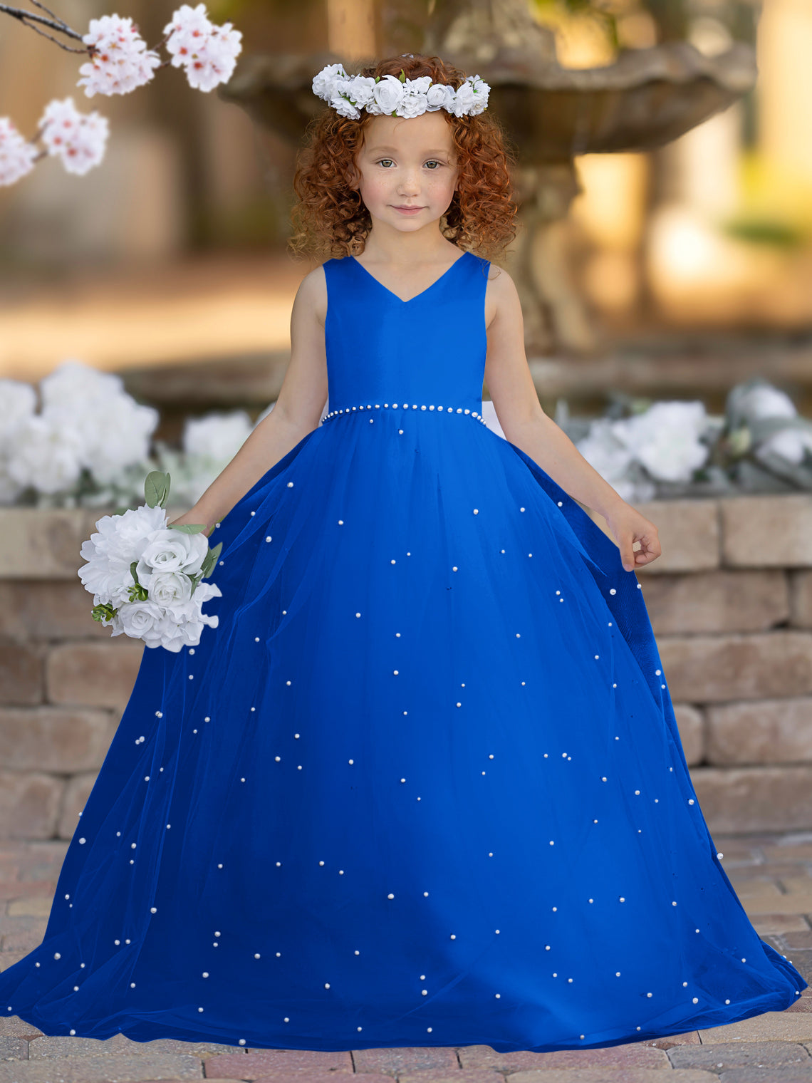 Elegant Princess Ball Gown Satin & Tulle Flower Girl Dress Royal Blue