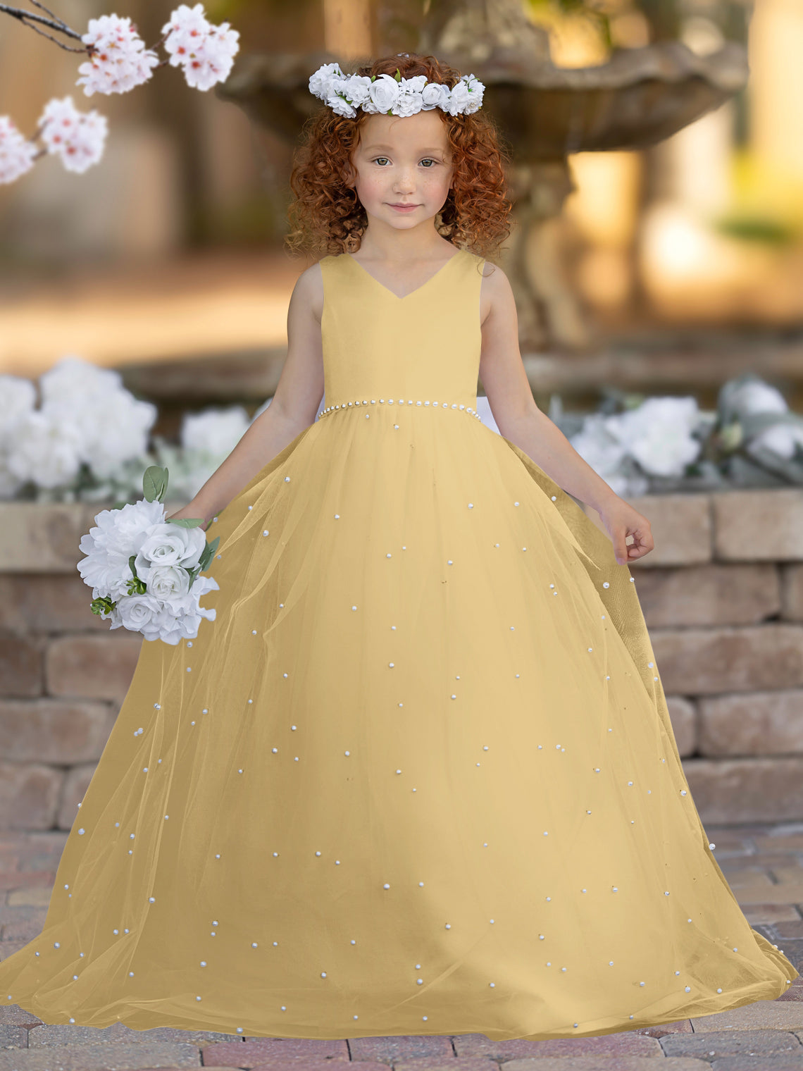 Elegant Princess Ball Gown Satin & Tulle Flower Girl Dress Gold