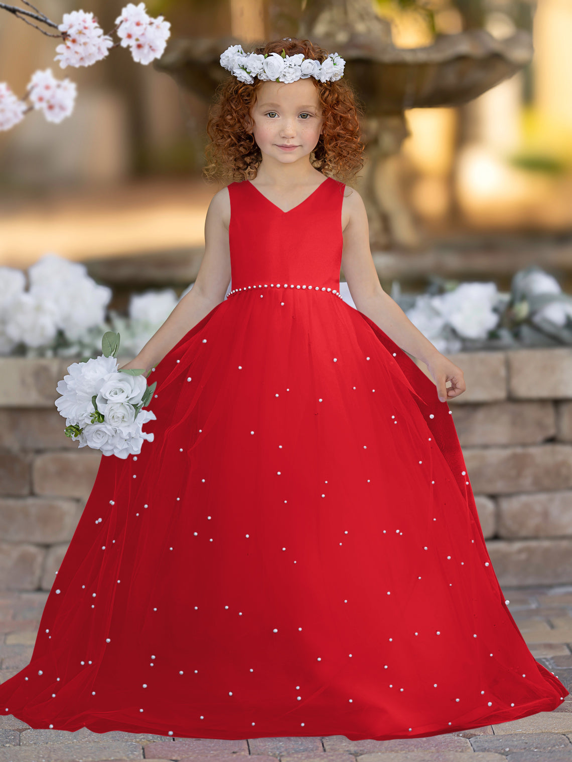 Elegant Princess Ball Gown Satin & Tulle Flower Girl Dress Red