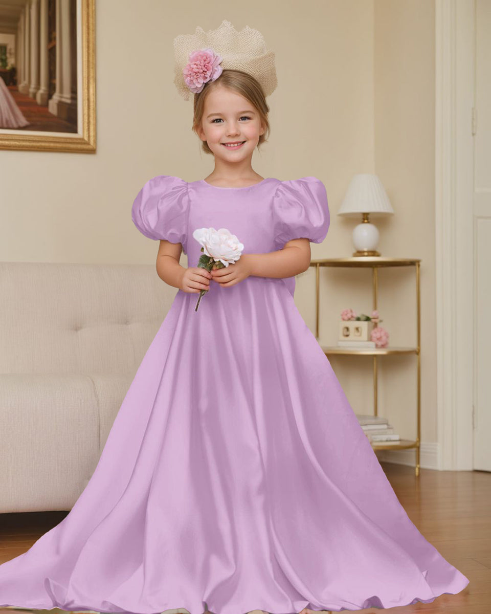 Puff Sleeve Bow Button Back Sweep Train Flower Girl Dress Lilac