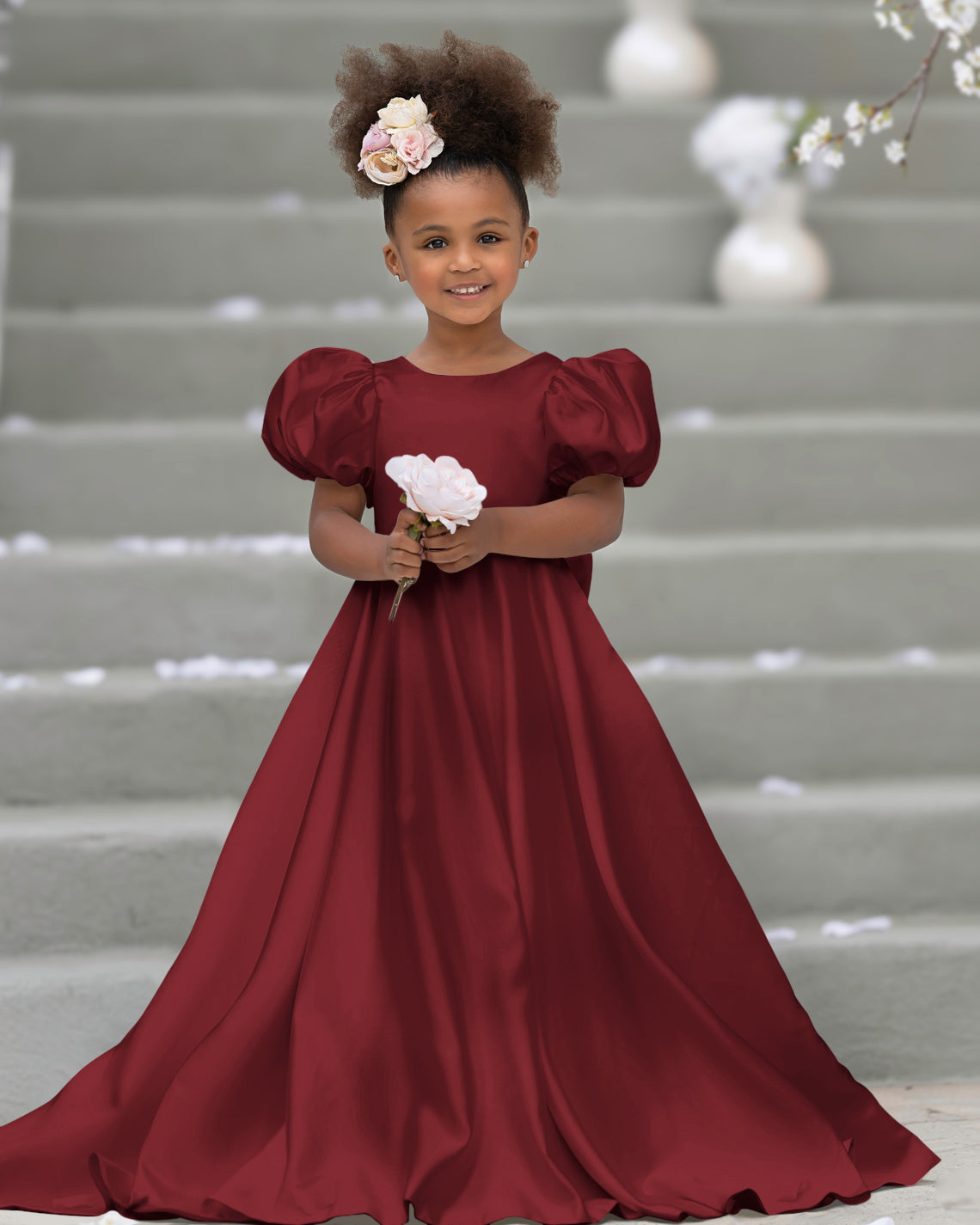 Puff Sleeve Bow Button Back Sweep Train Flower Girl Dress Burgundy