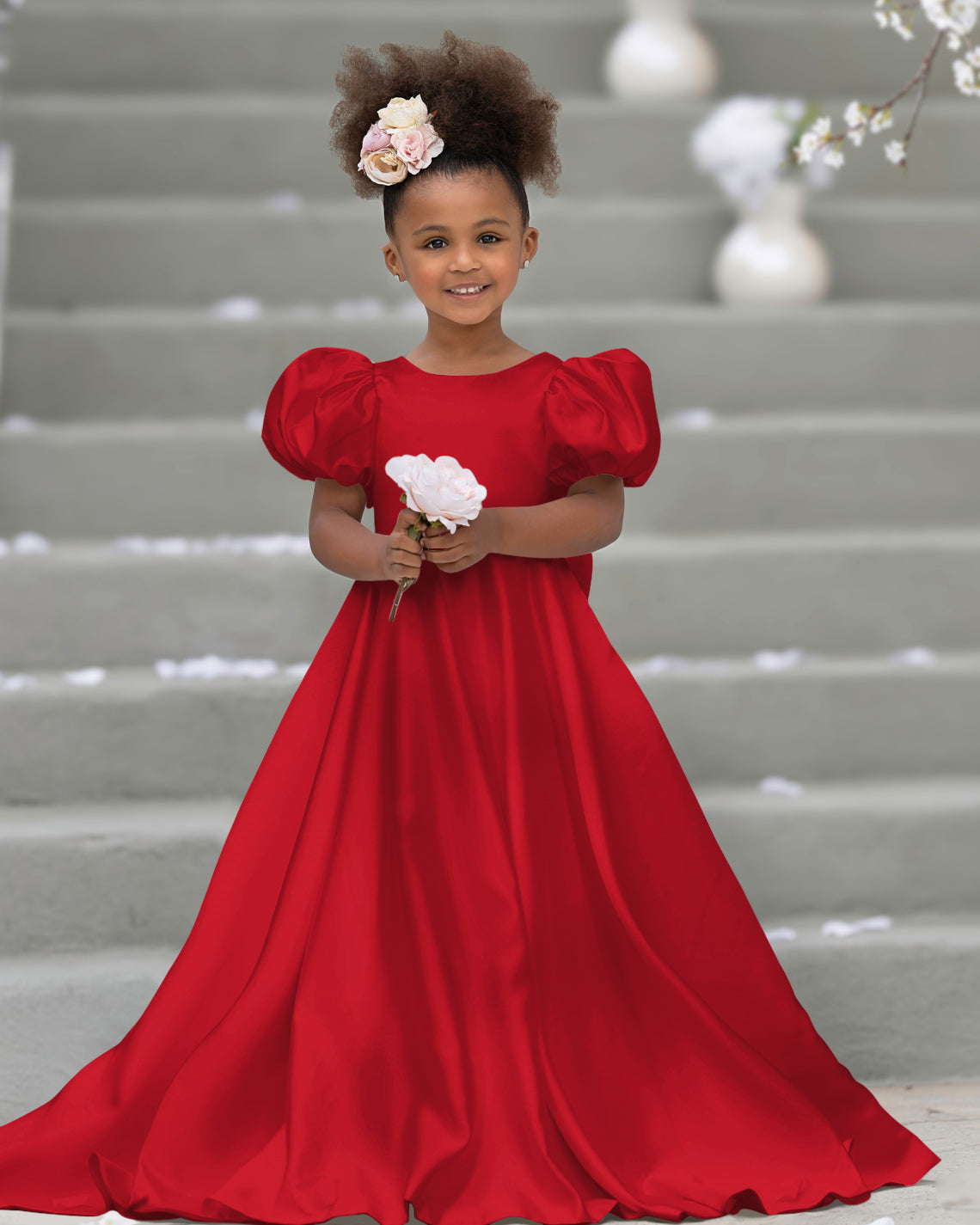 Puff Sleeve Bow Button Back Sweep Train Flower Girl Dress Red