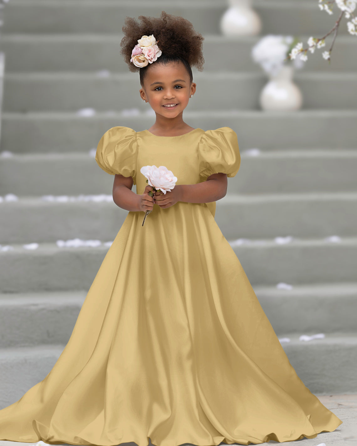 Puff Sleeve Bow Button Back Sweep Train Flower Girl Dress Gold