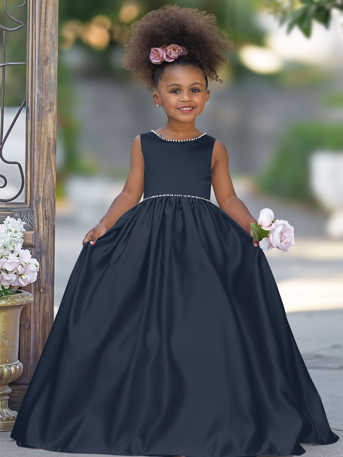 Pink Sleeveless Satin Beaded Neckline and Bow Detail Dress Dark Navy