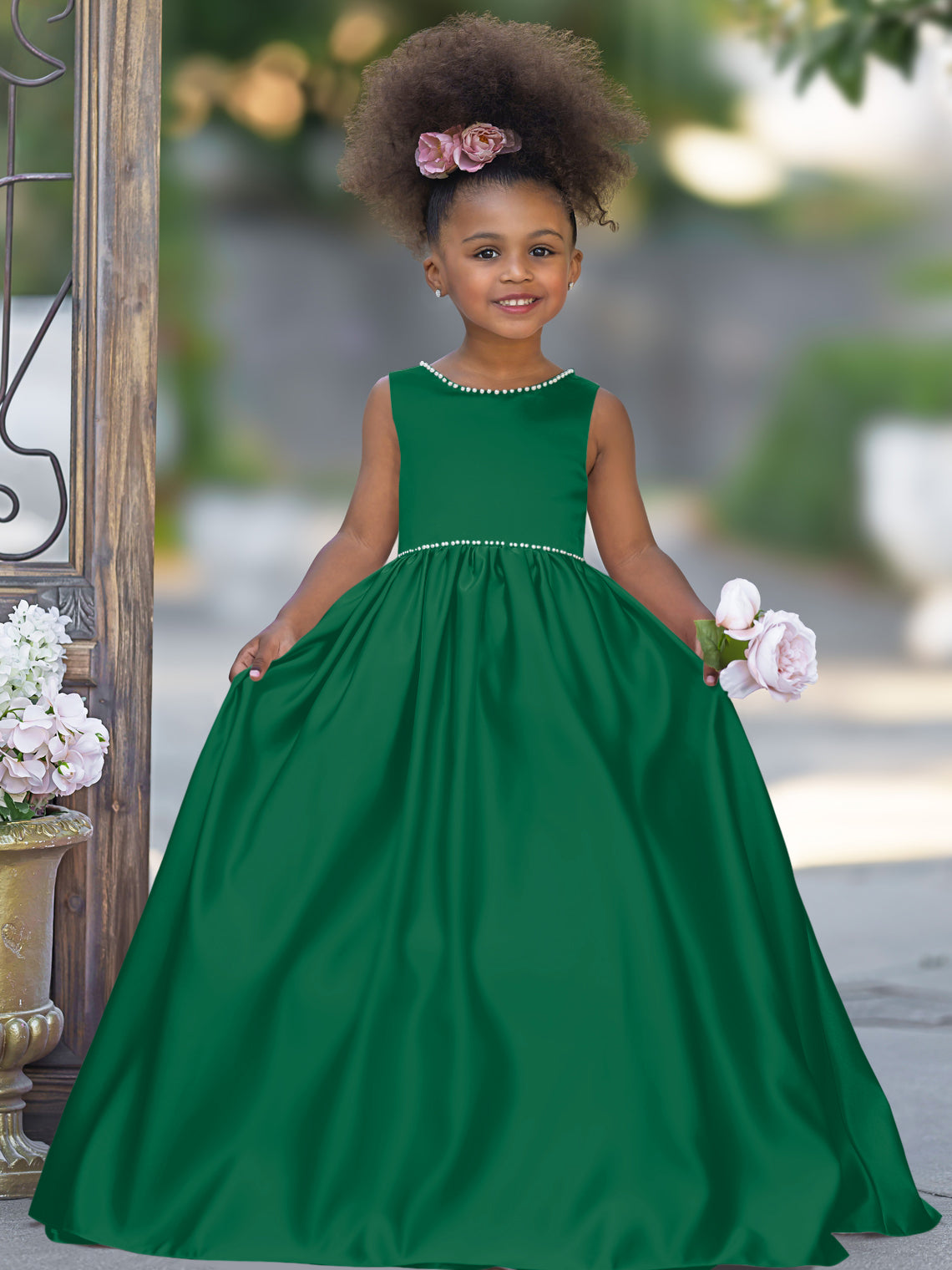 Pink Sleeveless Satin Beaded Neckline and Bow Detail Dress Dark Green