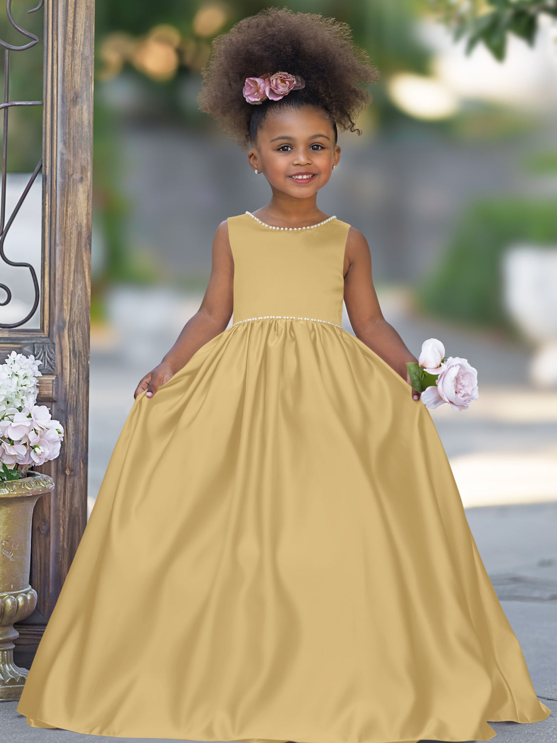 Pink Sleeveless Satin Beaded Neckline and Bow Detail Dress Gold