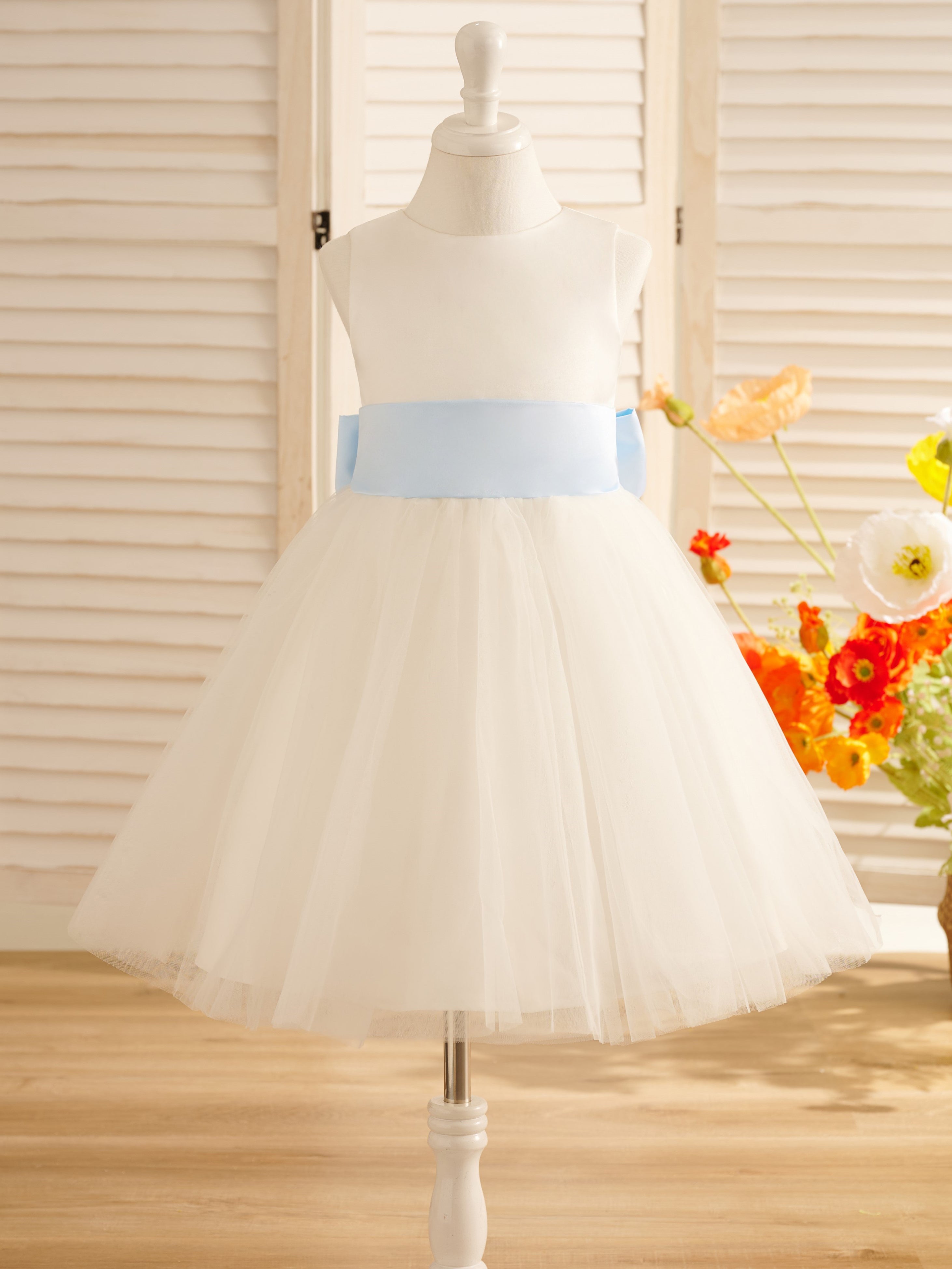 A-Line Satin Tulle Knee-length Flower Girl Dress Sky Blue
