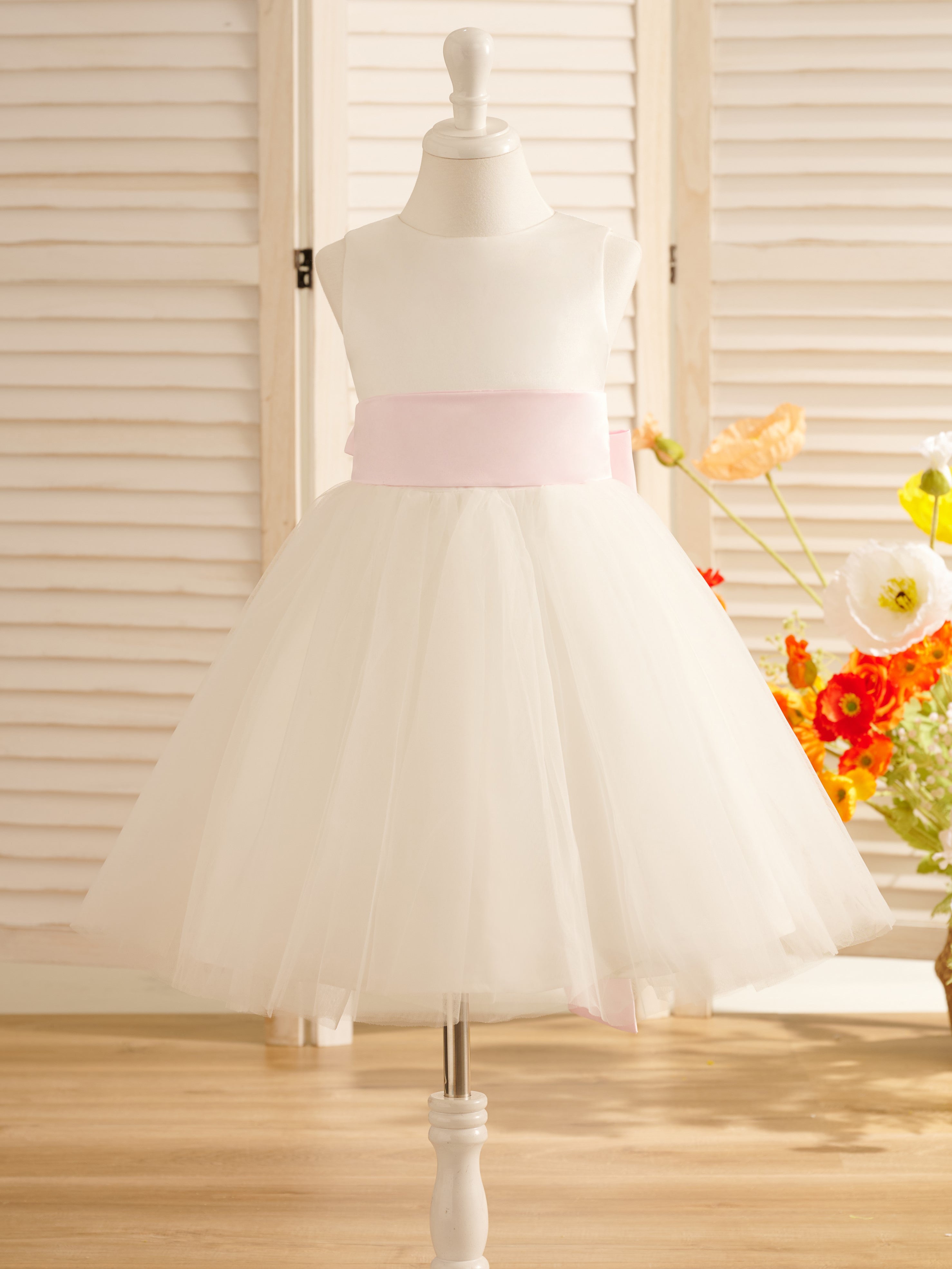 A-Line Satin Tulle Knee-length Flower Girl Dress Blushing Pink