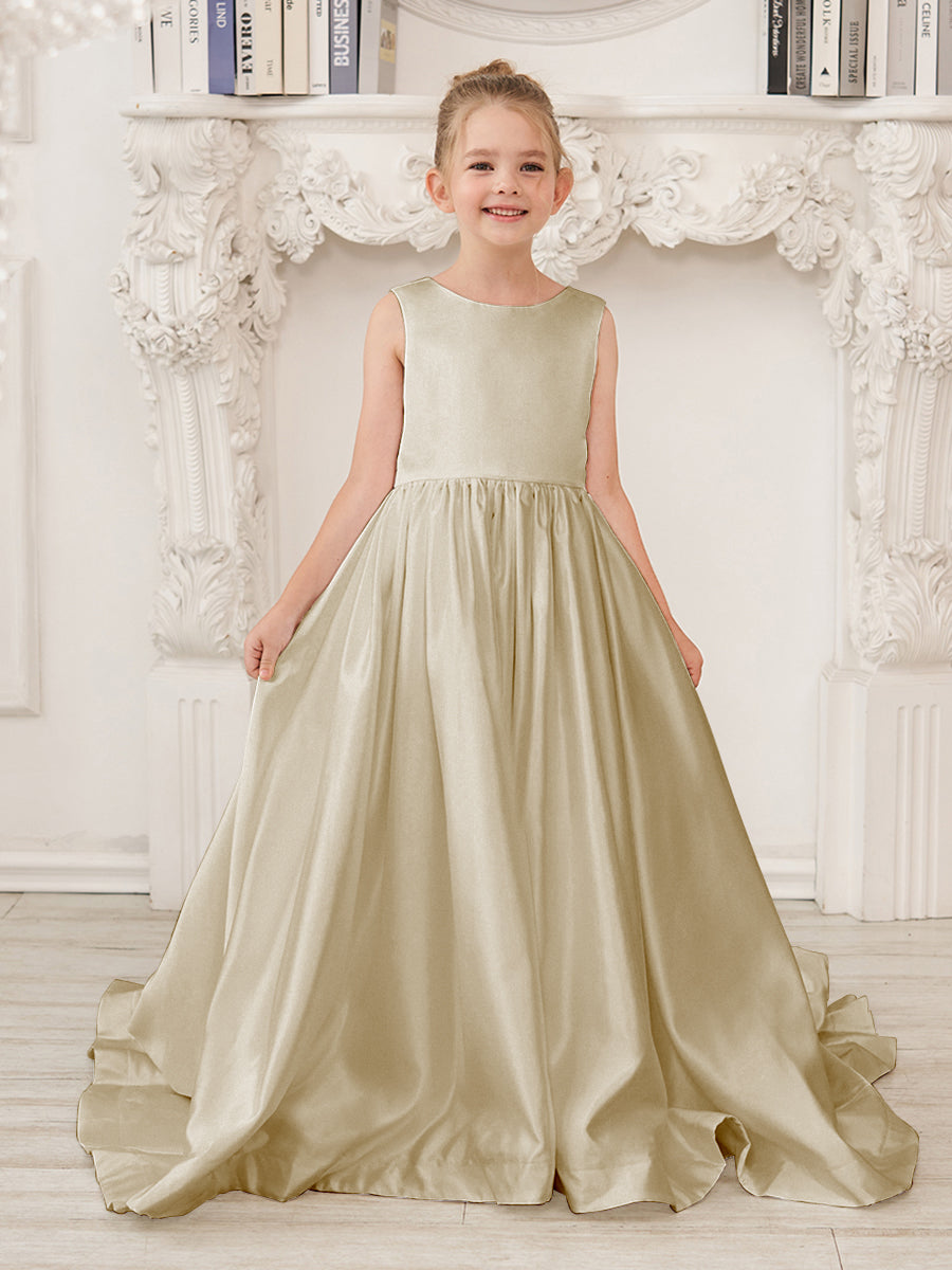 A-Line Princess Sleeveless Satin Flower Girl Dress with Sweep Train and Bow Champagne
