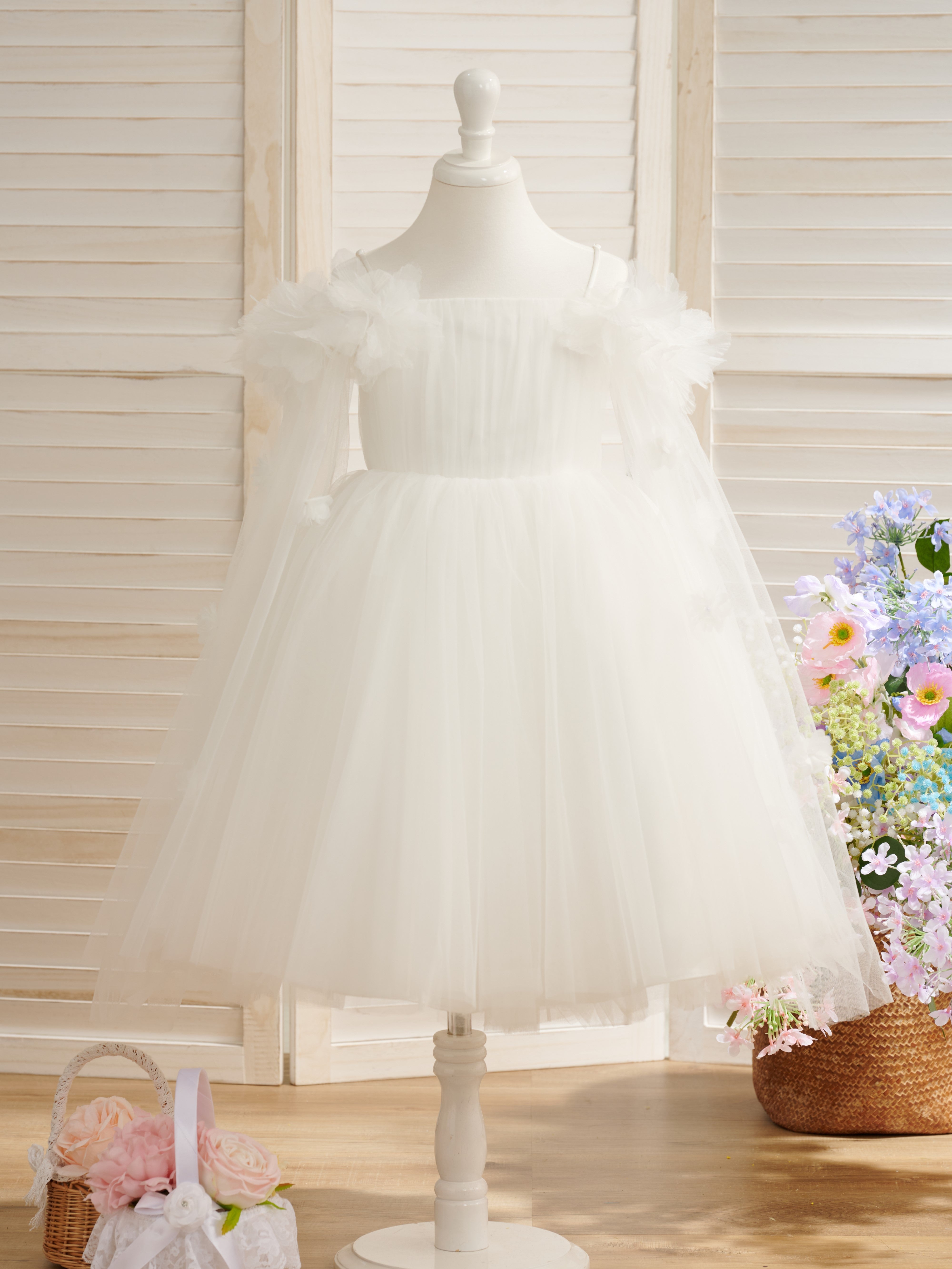 Ball-Gown/Princess Satin Tulle Tea-length Ivory Flower Girl Dress Ivory