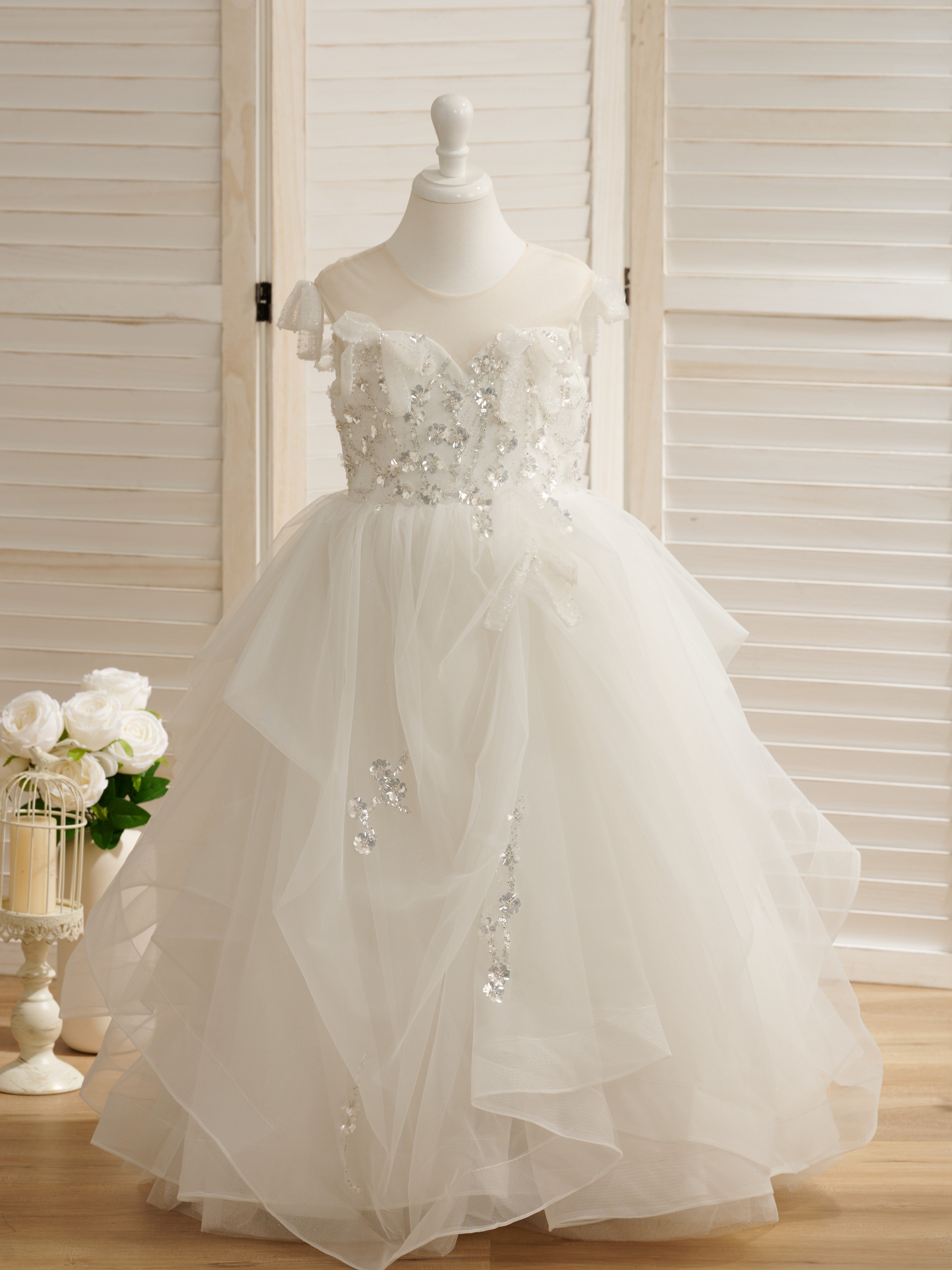 Ball-Gown/Princess Satin Tulle Floor-length Flower Girl Dress Ivory