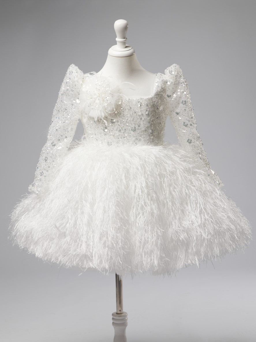 Tulle Feather Knee-length White Baby Girl Dress White