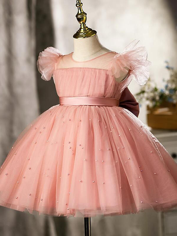 Ball-Gown/Princess Tulle Knee-length Pearl Pink Flower Girl Dress As Picture