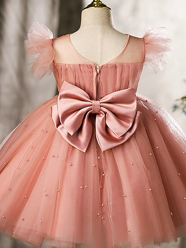 Ball-Gown/Princess Tulle Knee-length Pearl Pink Flower Girl Dress Dusty Rose