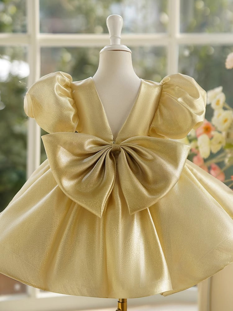 Ball-Gown/Princess Champagne Satin Knee-length Baby Girl Dress Gold