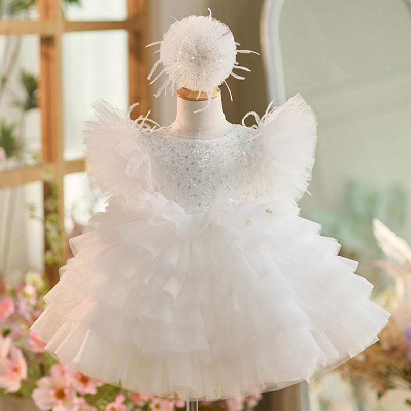 Sequins Tulle Knee-length 1st Birthday Party Dress White