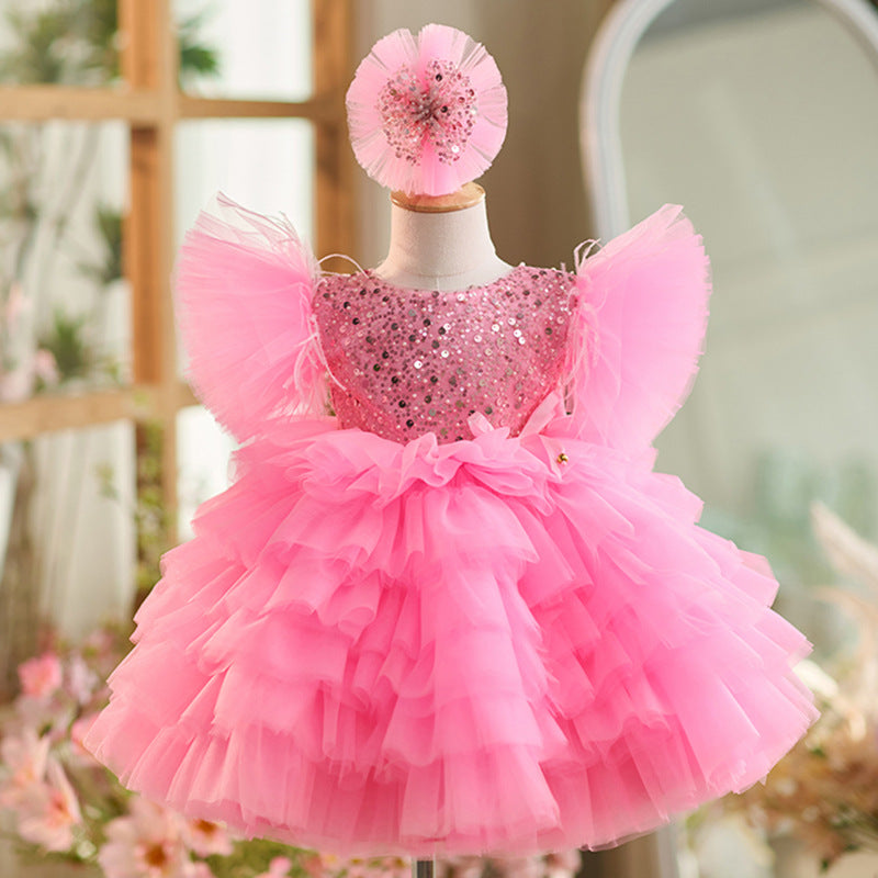 Sequins Tulle Knee-length 1st Birthday Party Dress Pink