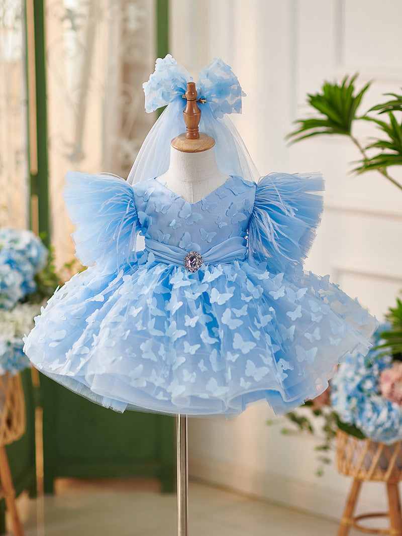 Tulle Knee-length Birthday Party Baby Girl Dress Sky Blue