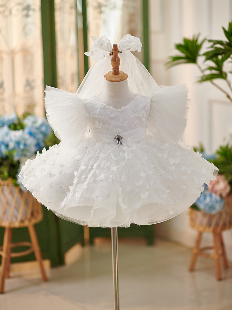 Tulle Knee-length Birthday Party Baby Girl Dress White