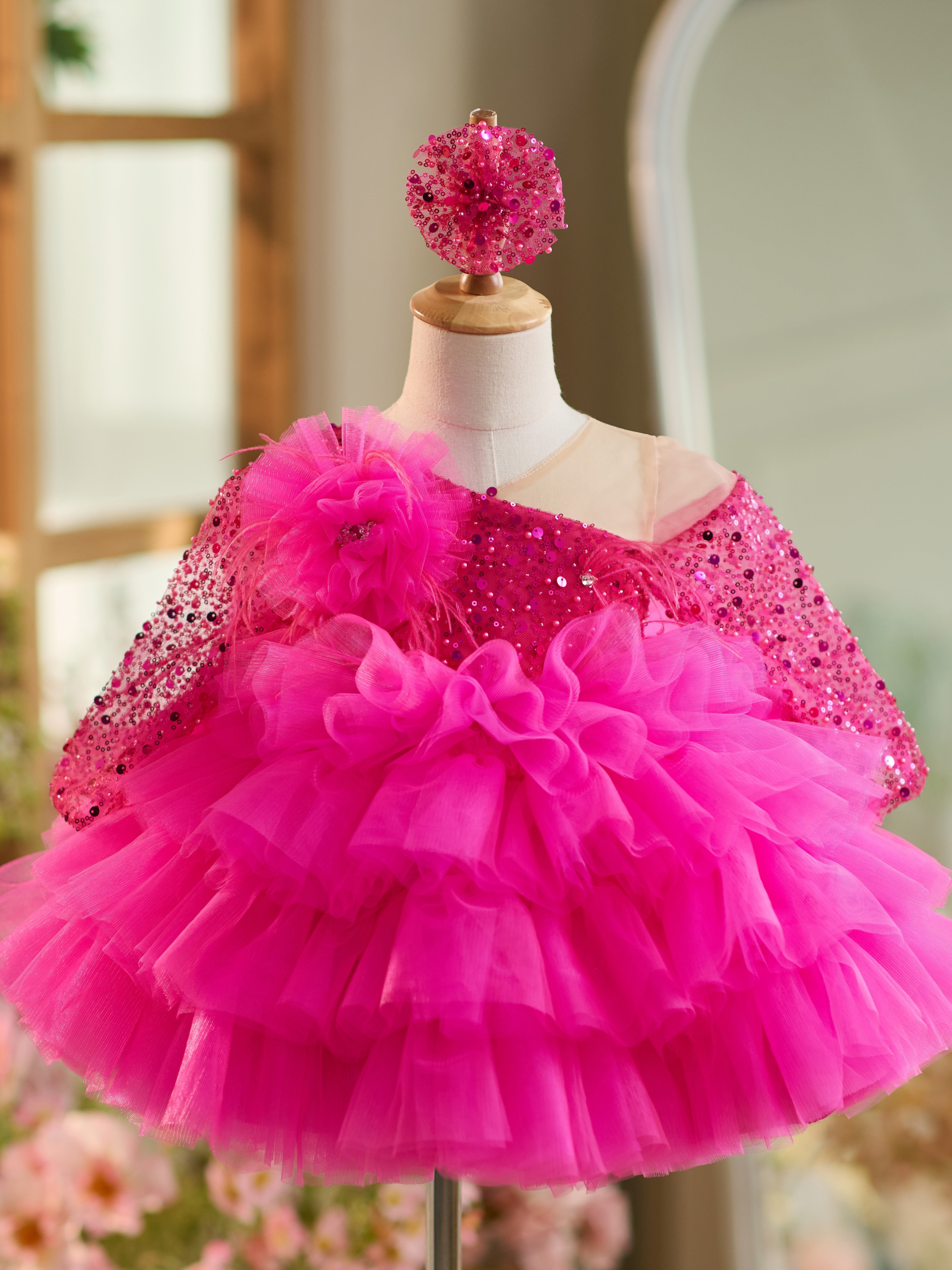 Sequins Tulle Knee-length Baby Girl Dress Pink