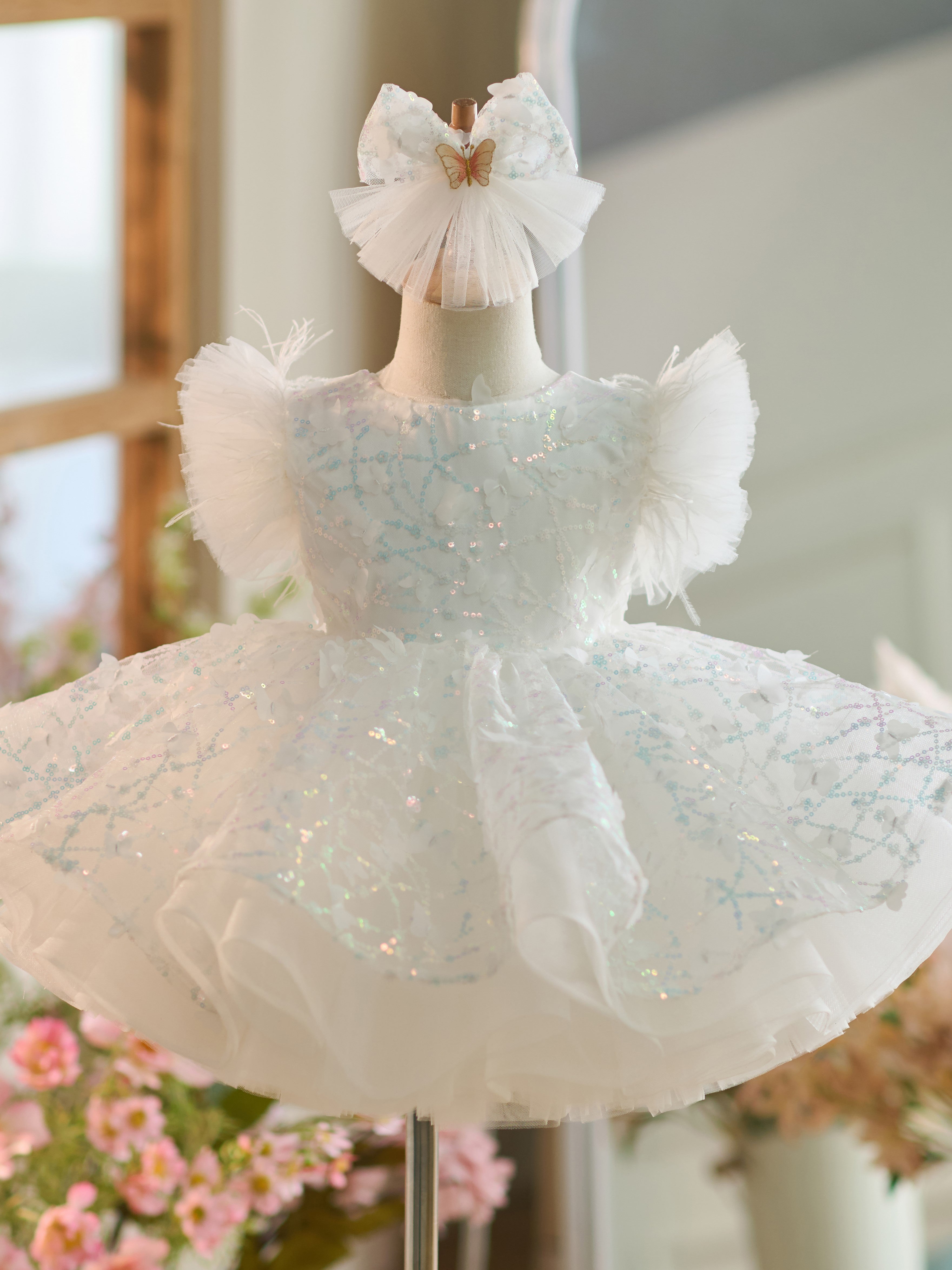 Sequins Tulle Knee-length 1st Birthday Party Dress White