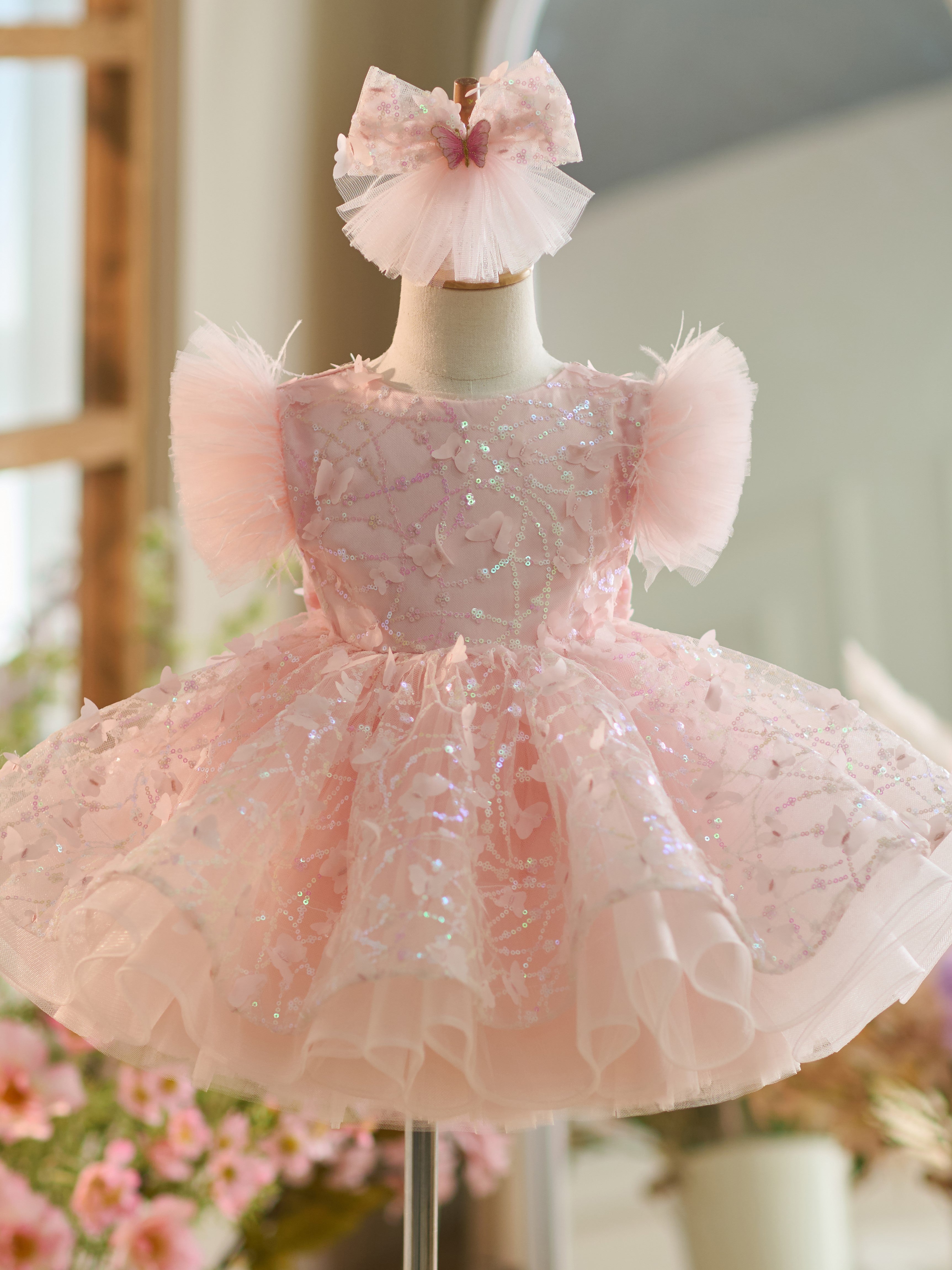 Sequins Tulle Knee-length 1st Birthday Party Dress Blushing Pink